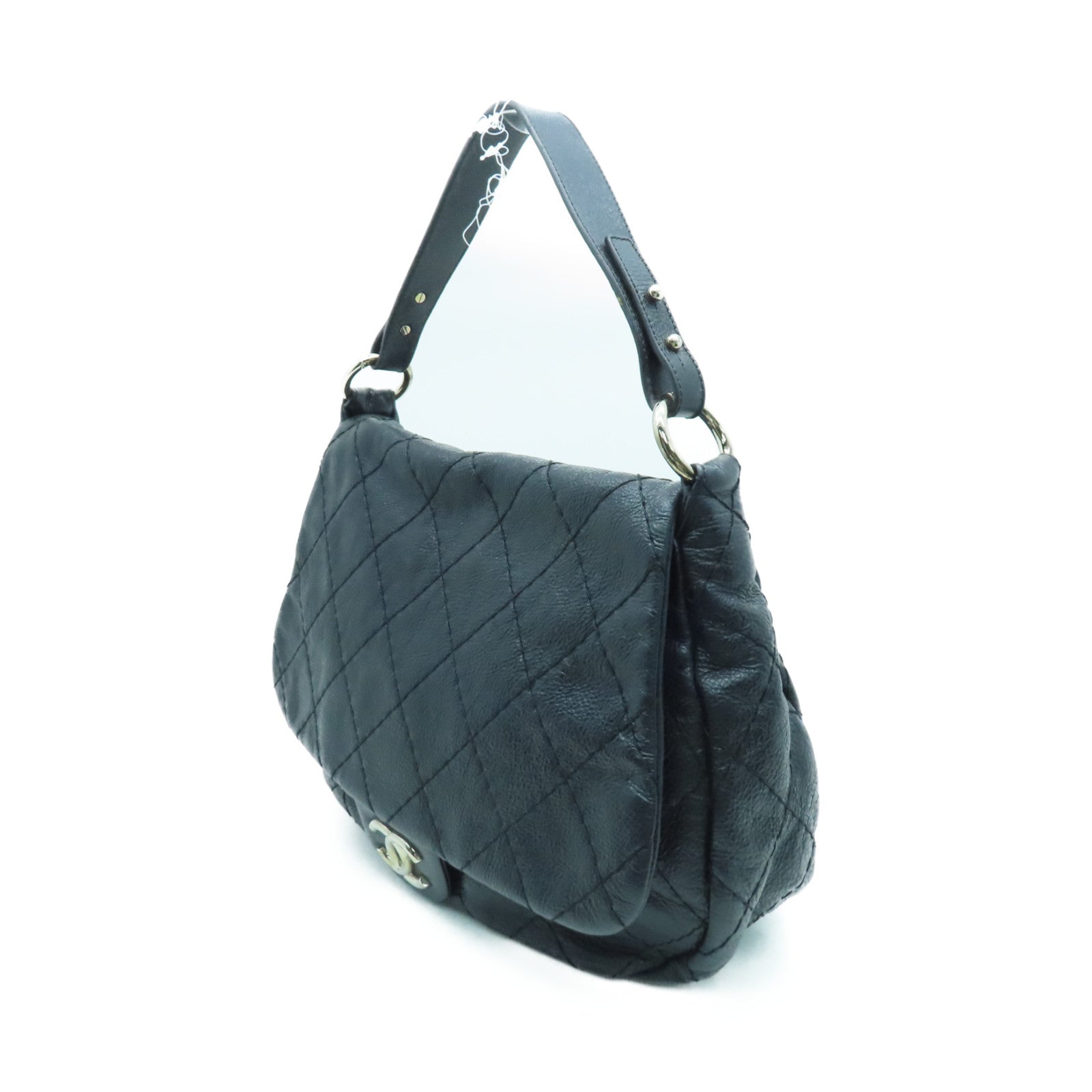 CHANEL 菱格牛皮皮革Shoulder Bag银扣肩背袋黑色