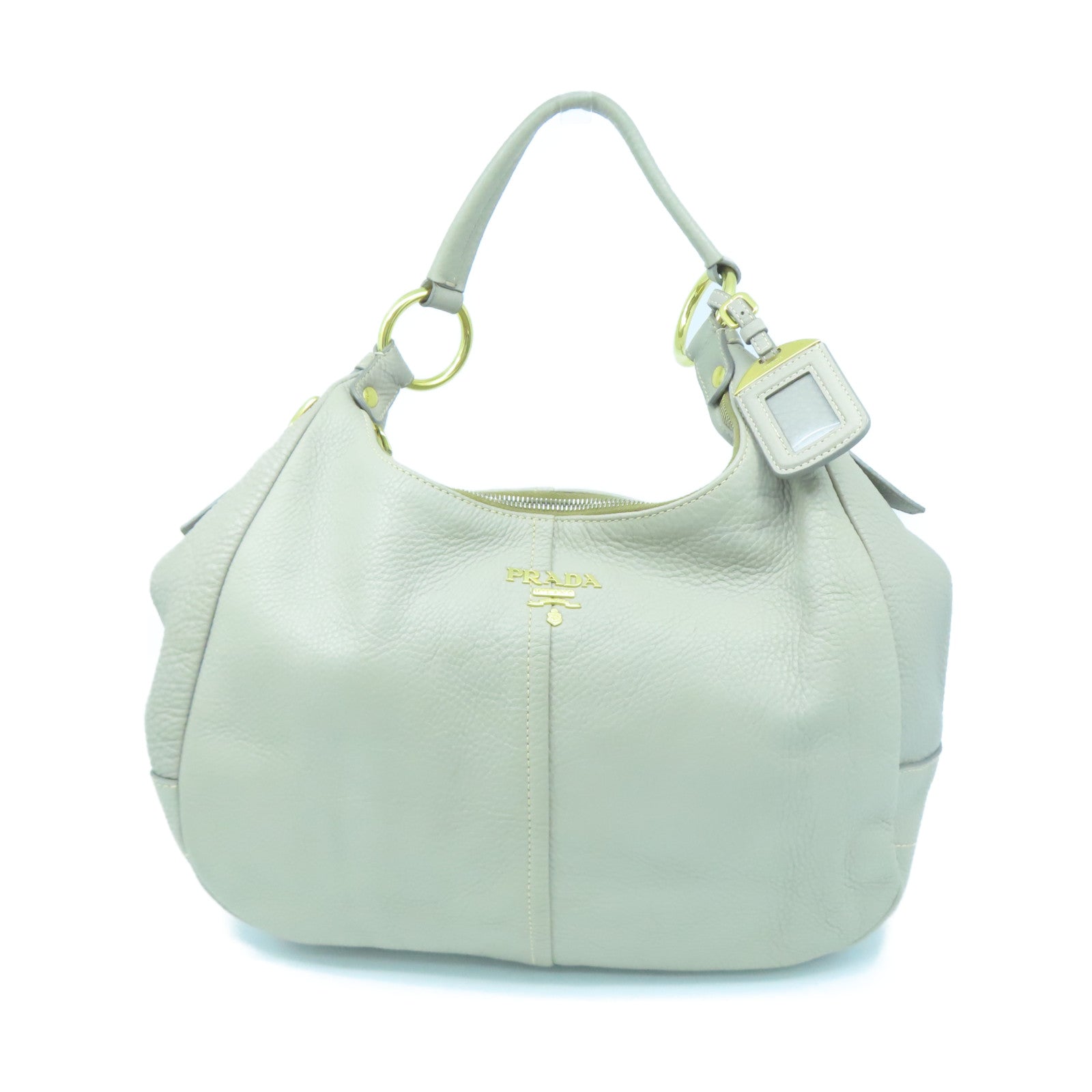 PRADA Leather Shoulder Bag Gold Buckle Beige