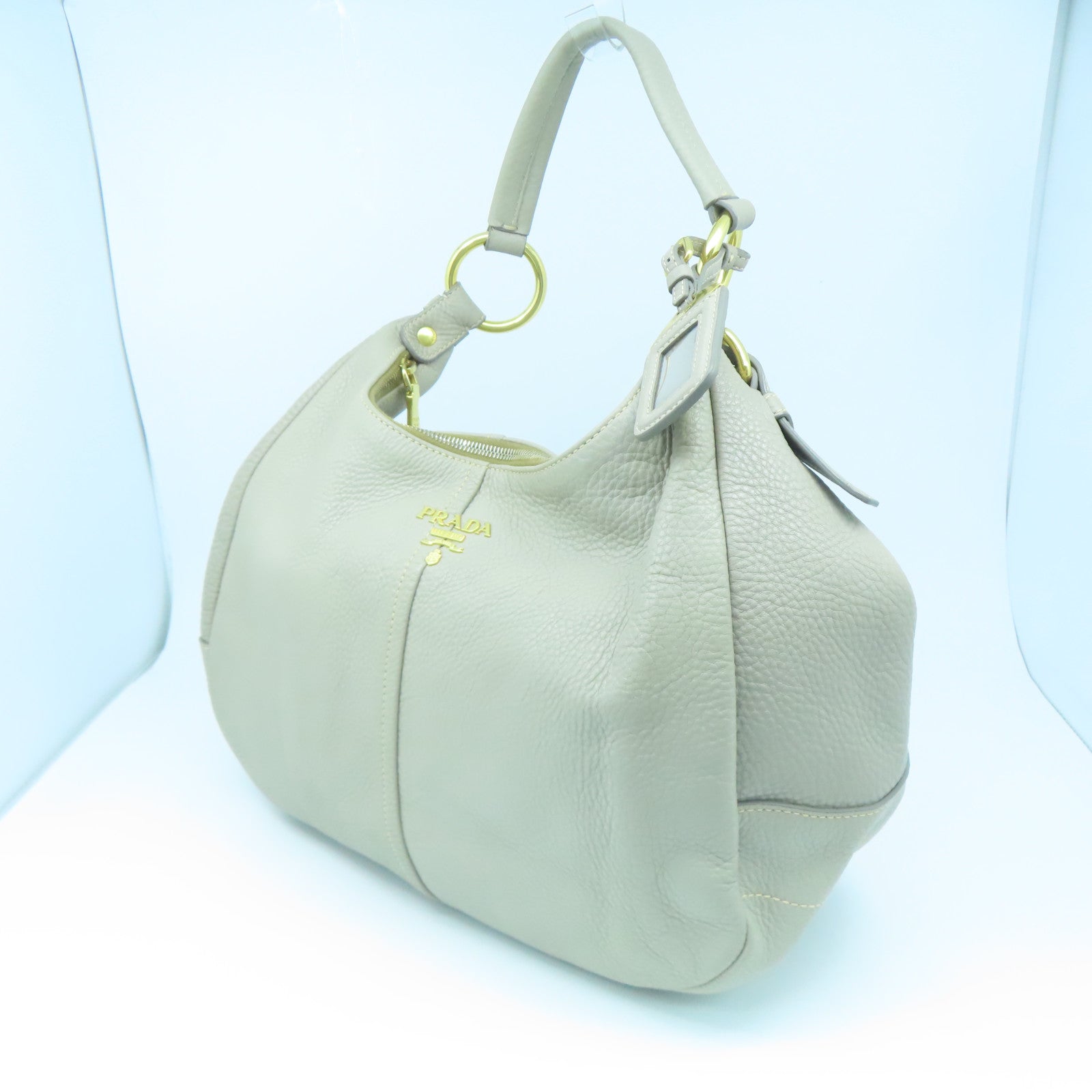 PRADA Leather Shoulder Bag Gold Buckle Beige