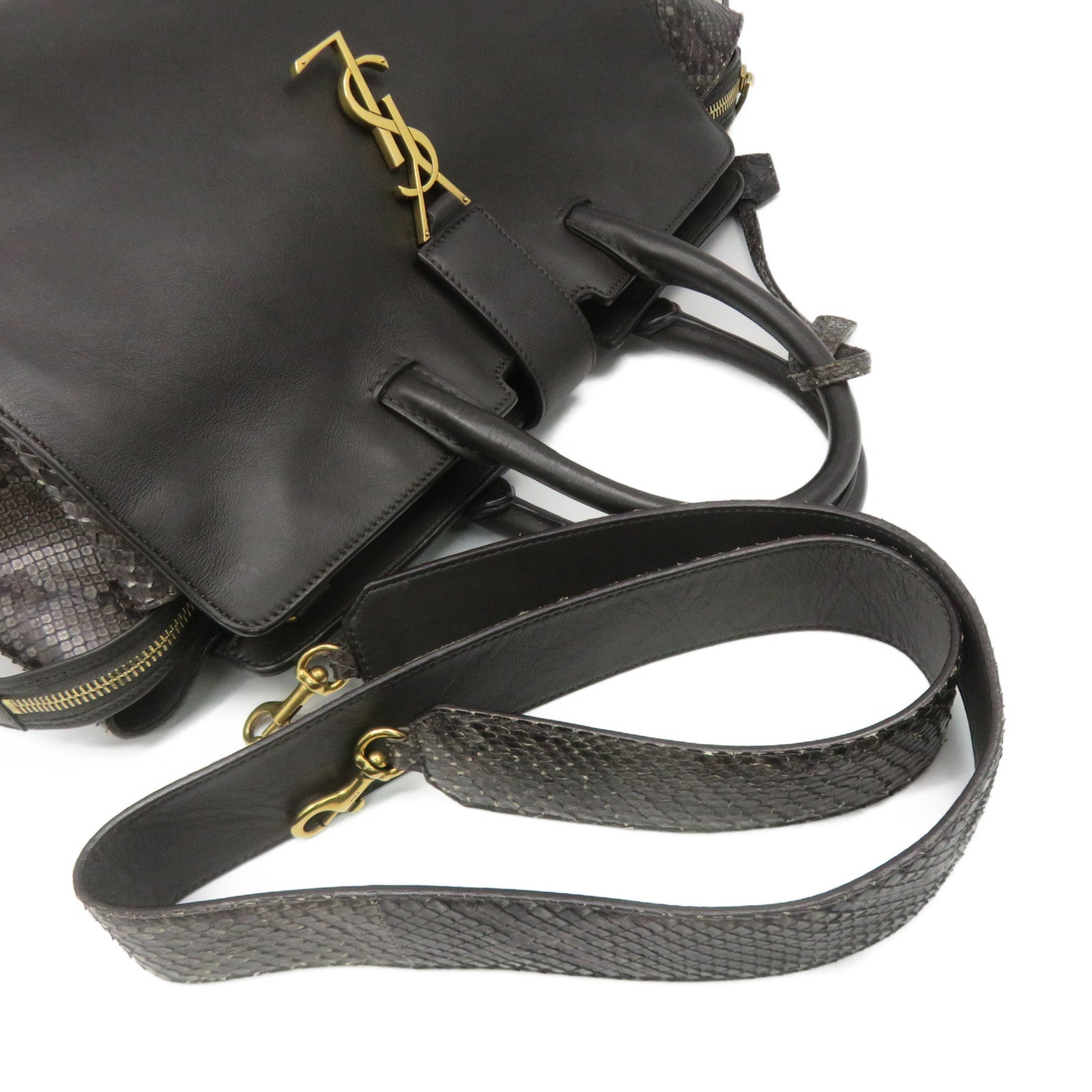SAINT LAURENT Cowhide Leather / Snake Leather Way Shoulder Bag Handle Shoulder Bag Brown
