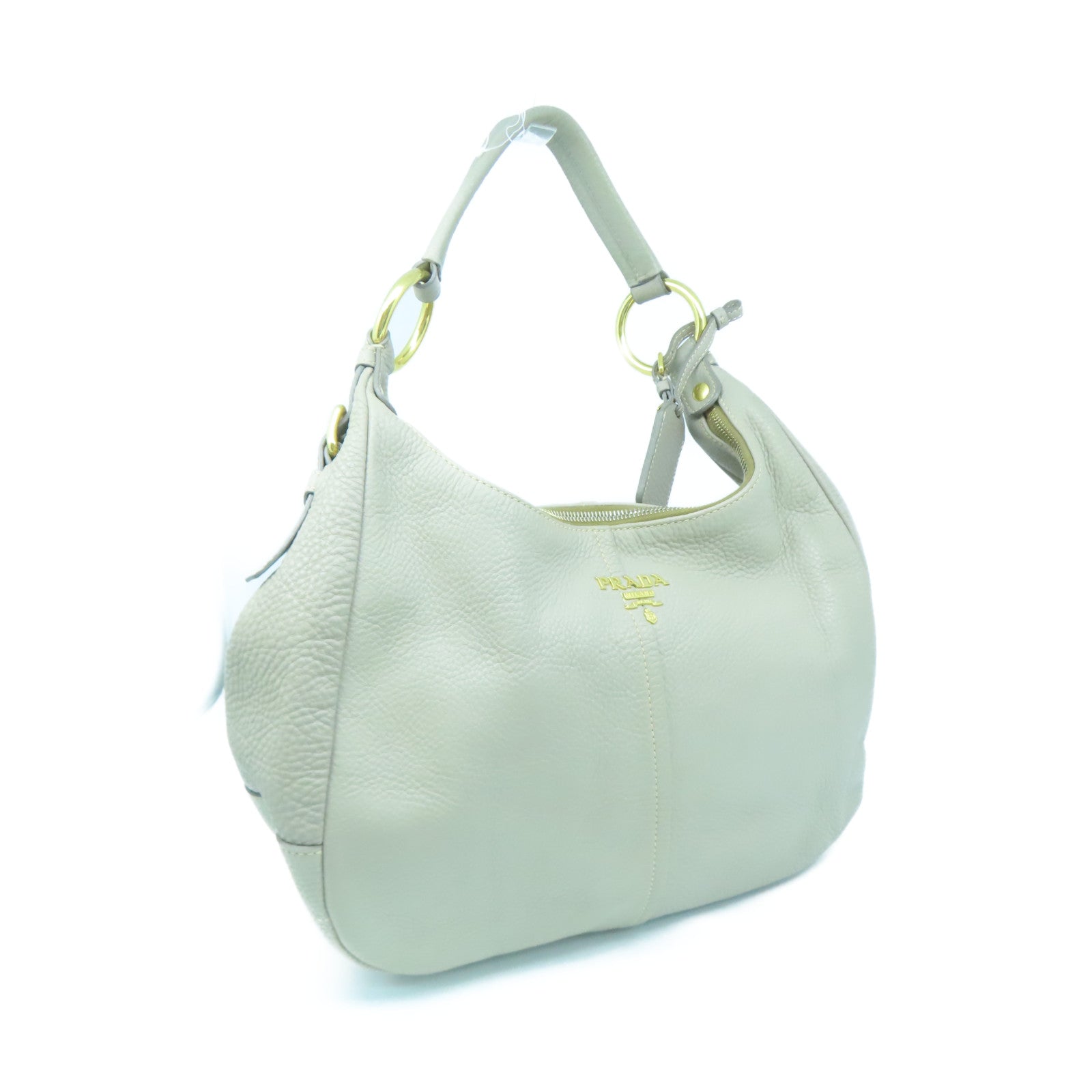 PRADA Leather Shoulder Bag Gold Buckle Beige