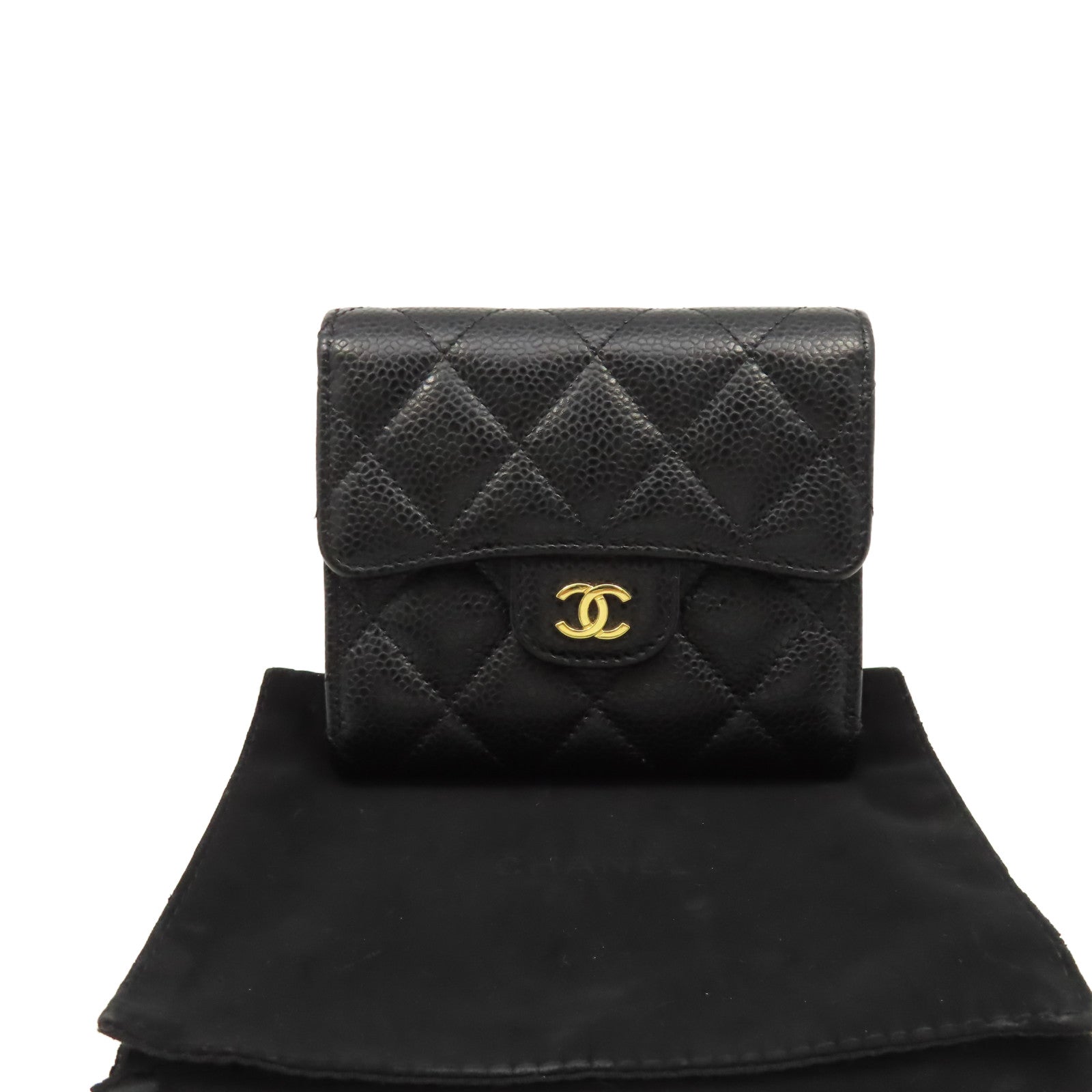 CHANEL 菱格Caviar皮革Short Wallet金扣短錢包黑色