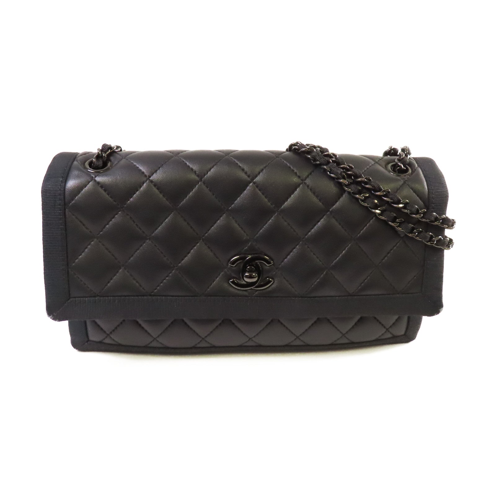 CHANEL 菱格羊皮皮革Chain Shoulder Bag鏈帶肩背袋黑色