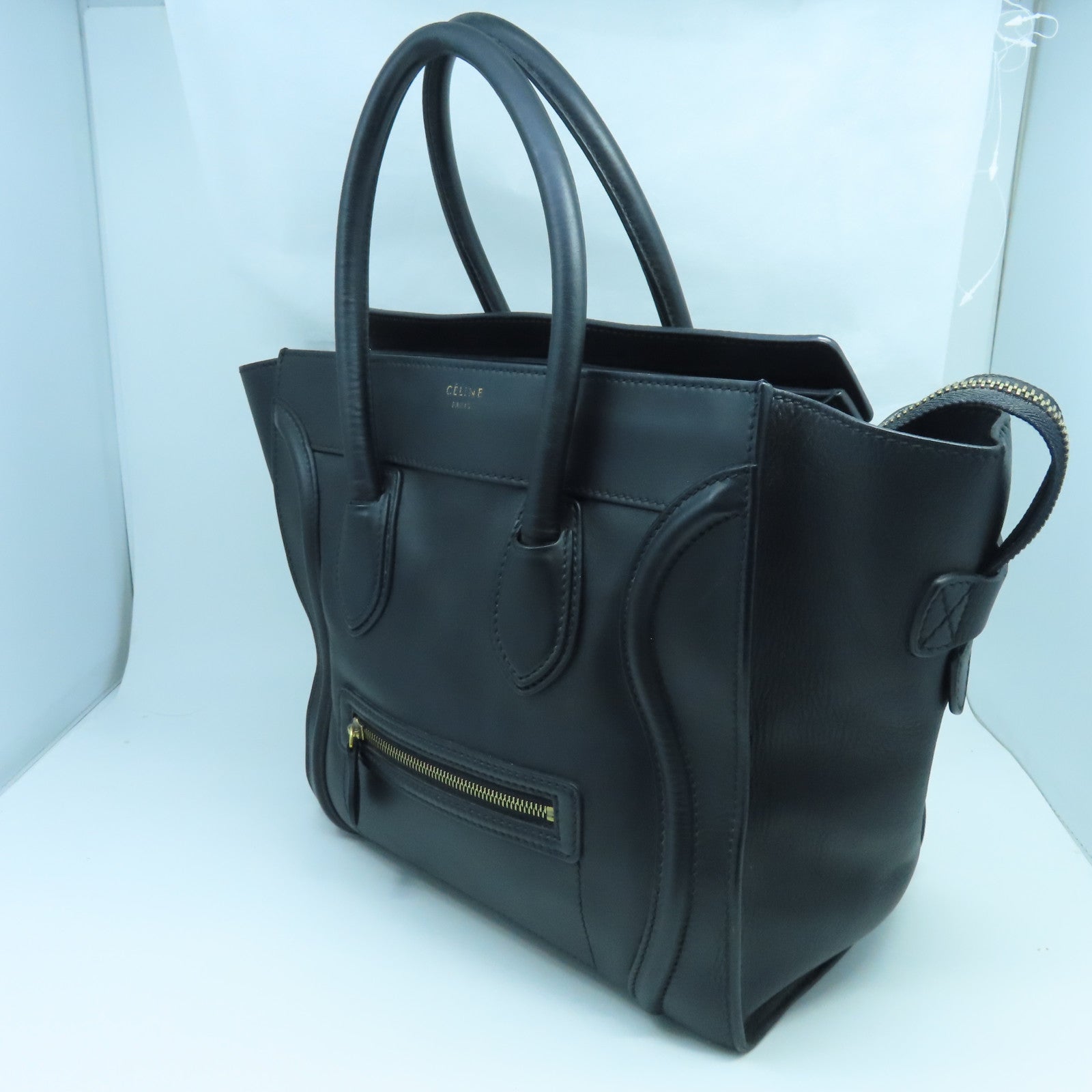 CELINE Cowhide Leather Mini Luggage Gold Buckle Handle Bag Black