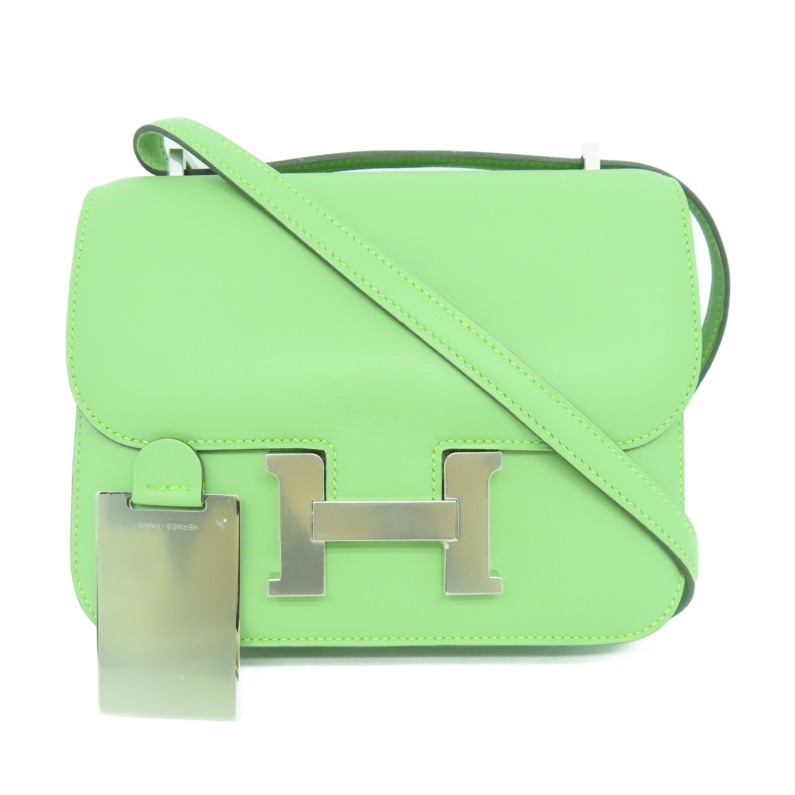 HERMES Veau Swift皮革Constance Mini銀扣肩背袋蟋蟀綠色