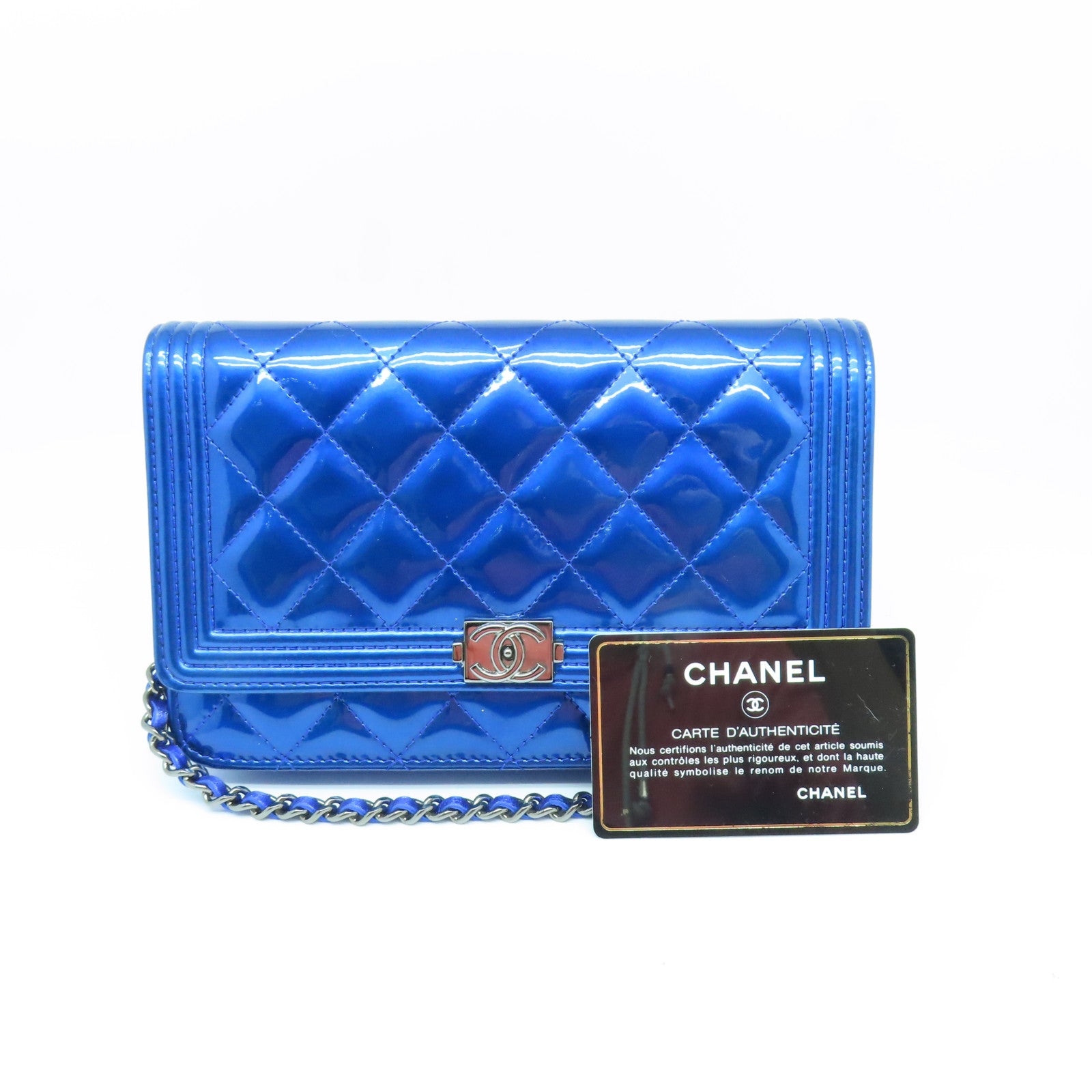 CHANEL 菱格漆皮皮革Boy WOC银扣链带肩背袋蓝色