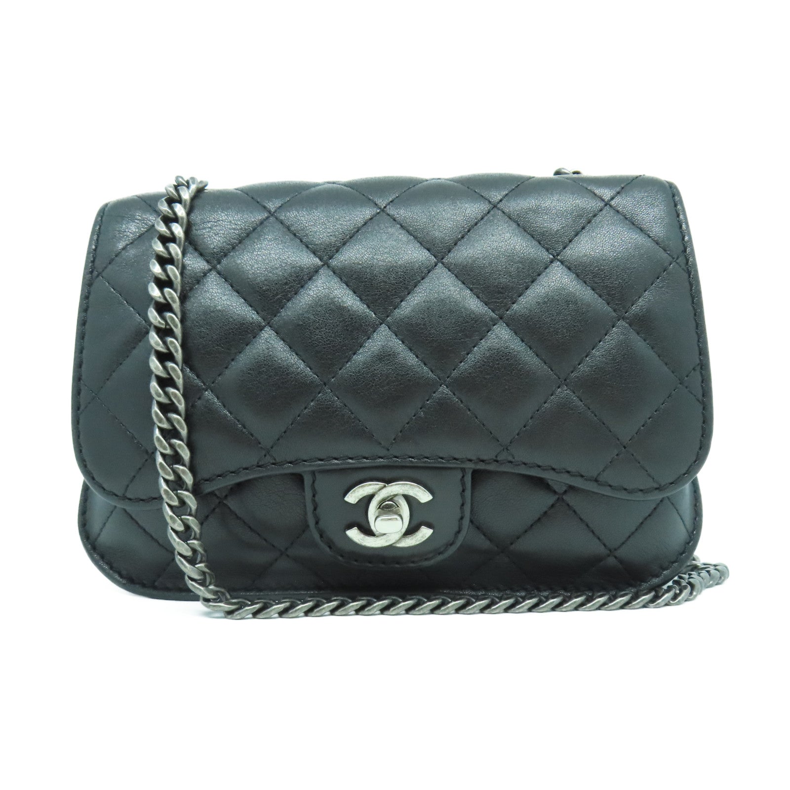 CHANEL 菱格牛皮皮革Chain Shoulder銀扣鏈帶肩背袋黑色