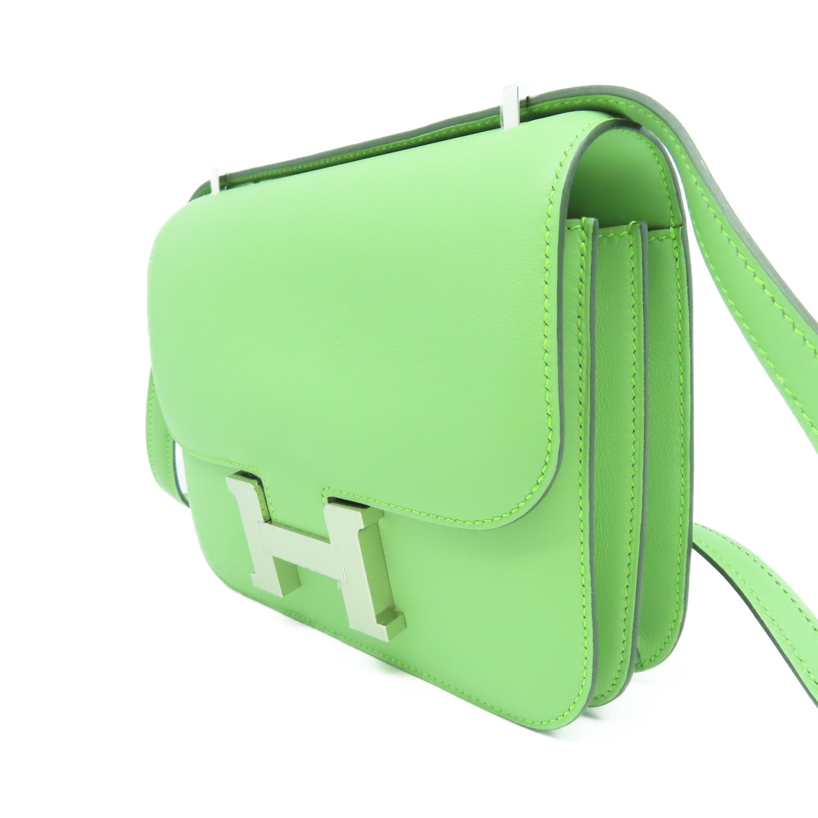 HERMES Veau Swift皮革Constance Mini銀扣肩背袋蟋蟀綠色