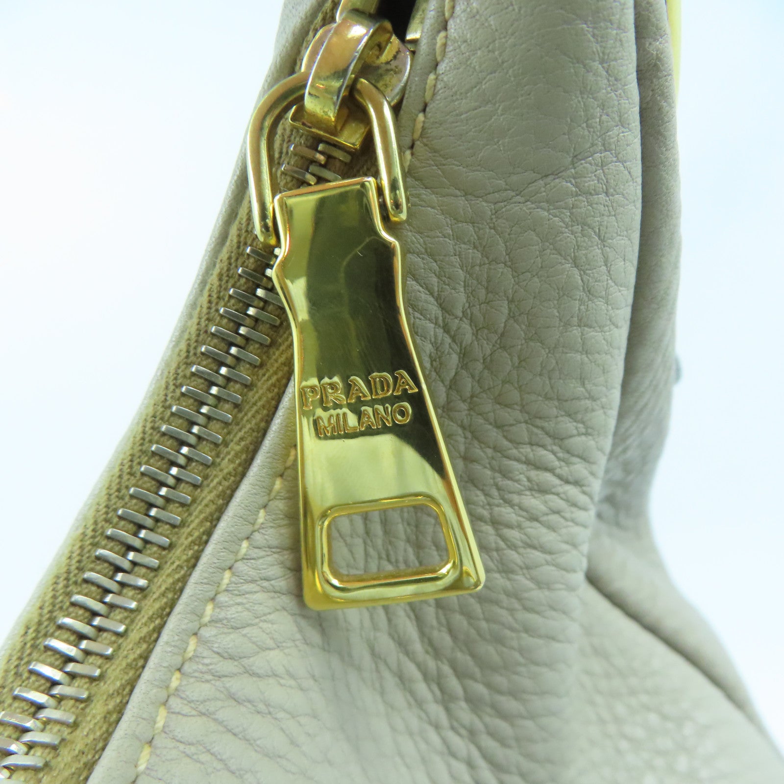 PRADA Leather Shoulder Bag Gold Buckle Beige