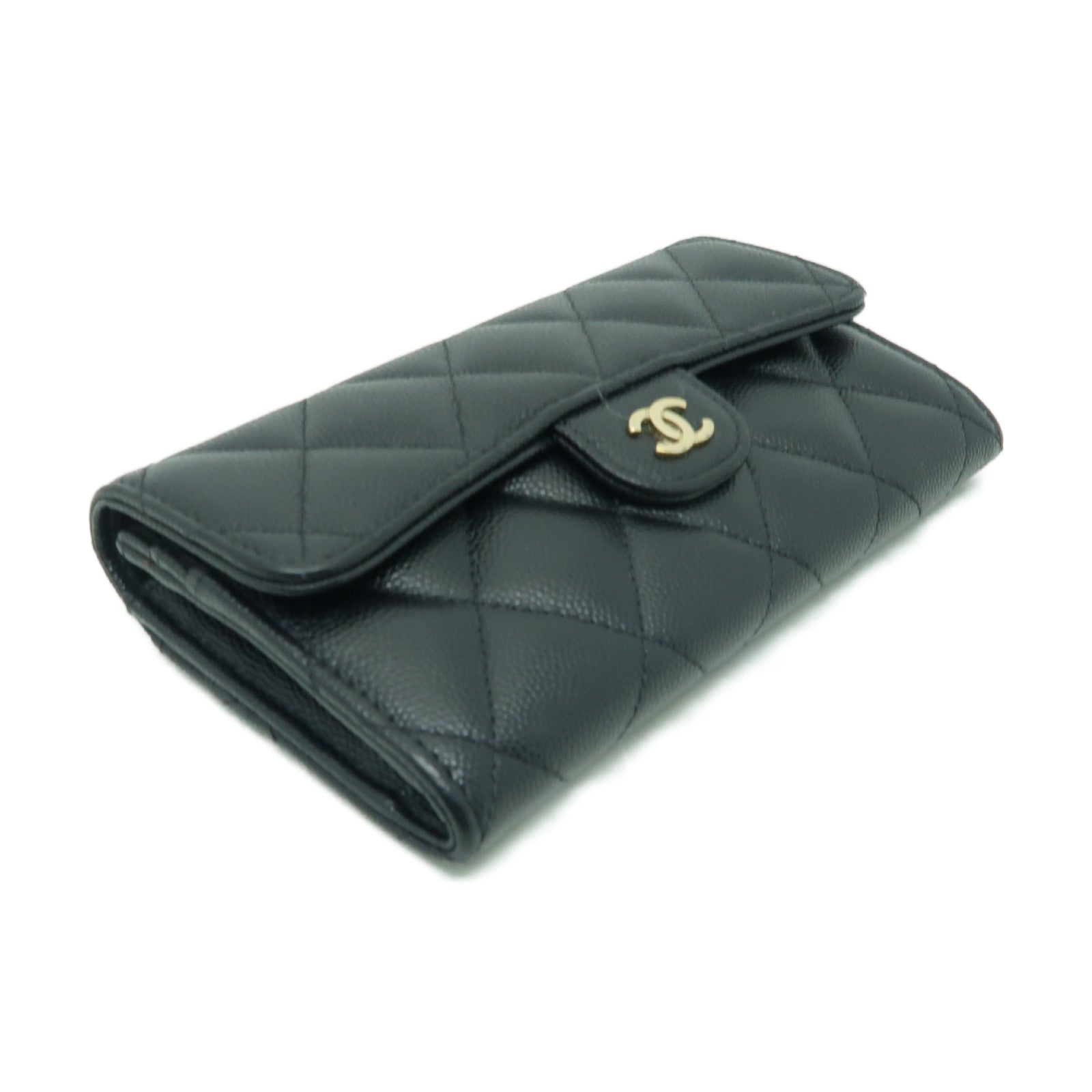 CHANEL 菱格Caviar皮革Wallet金扣錢包黒色