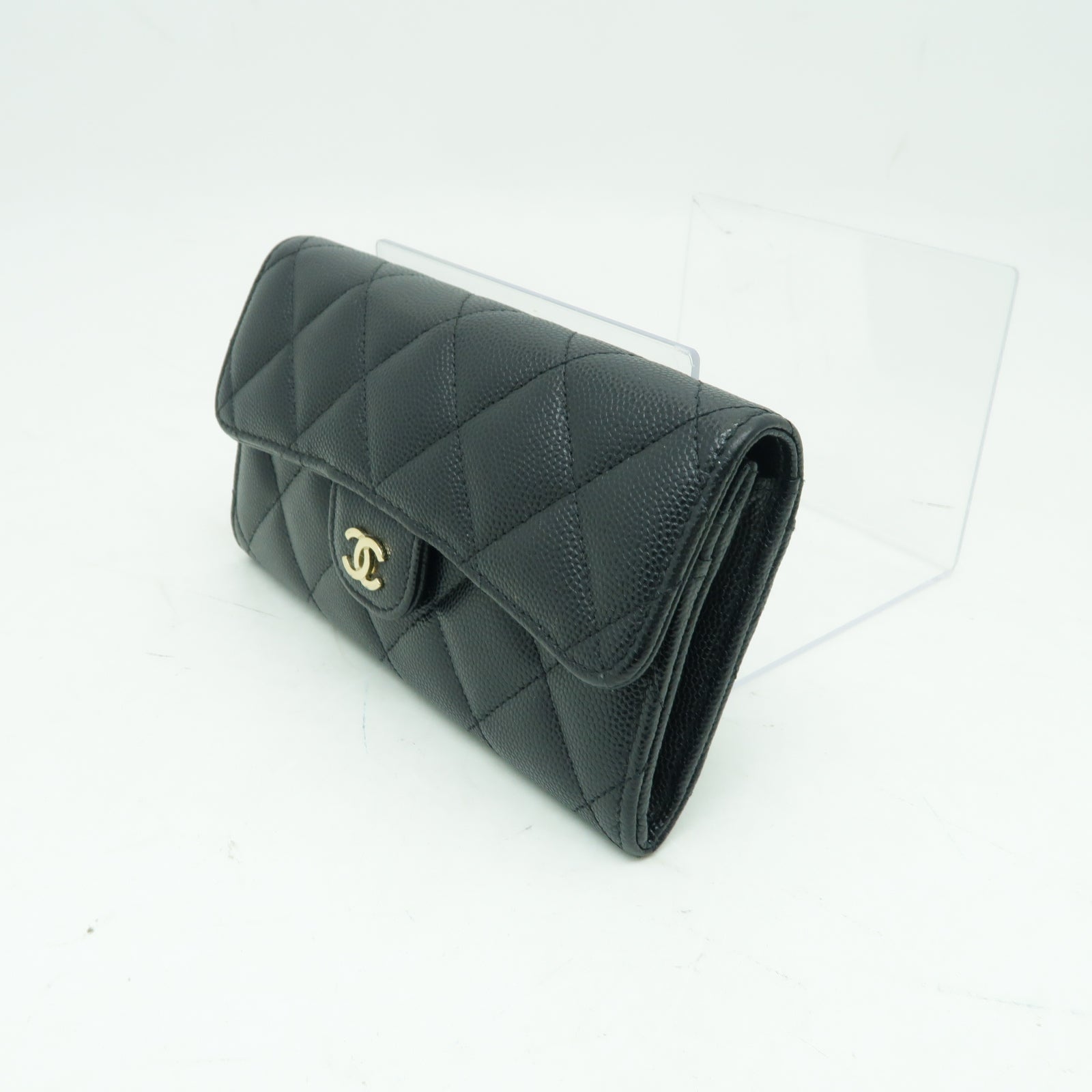 CHANEL 菱格Caviar皮革Wallet金扣錢包黒色