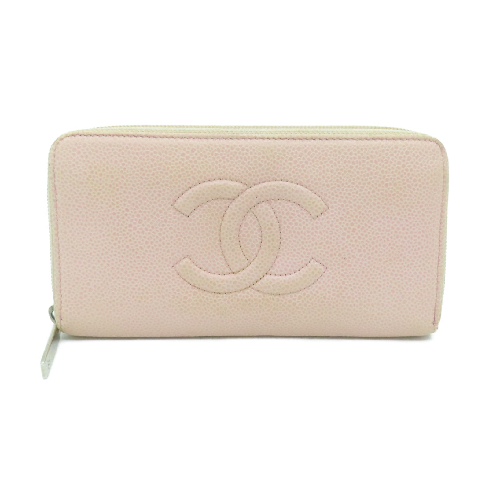 CHANEL Caviar Leather Zipper Long Wallet Silver Buckle Long Wallet Pink