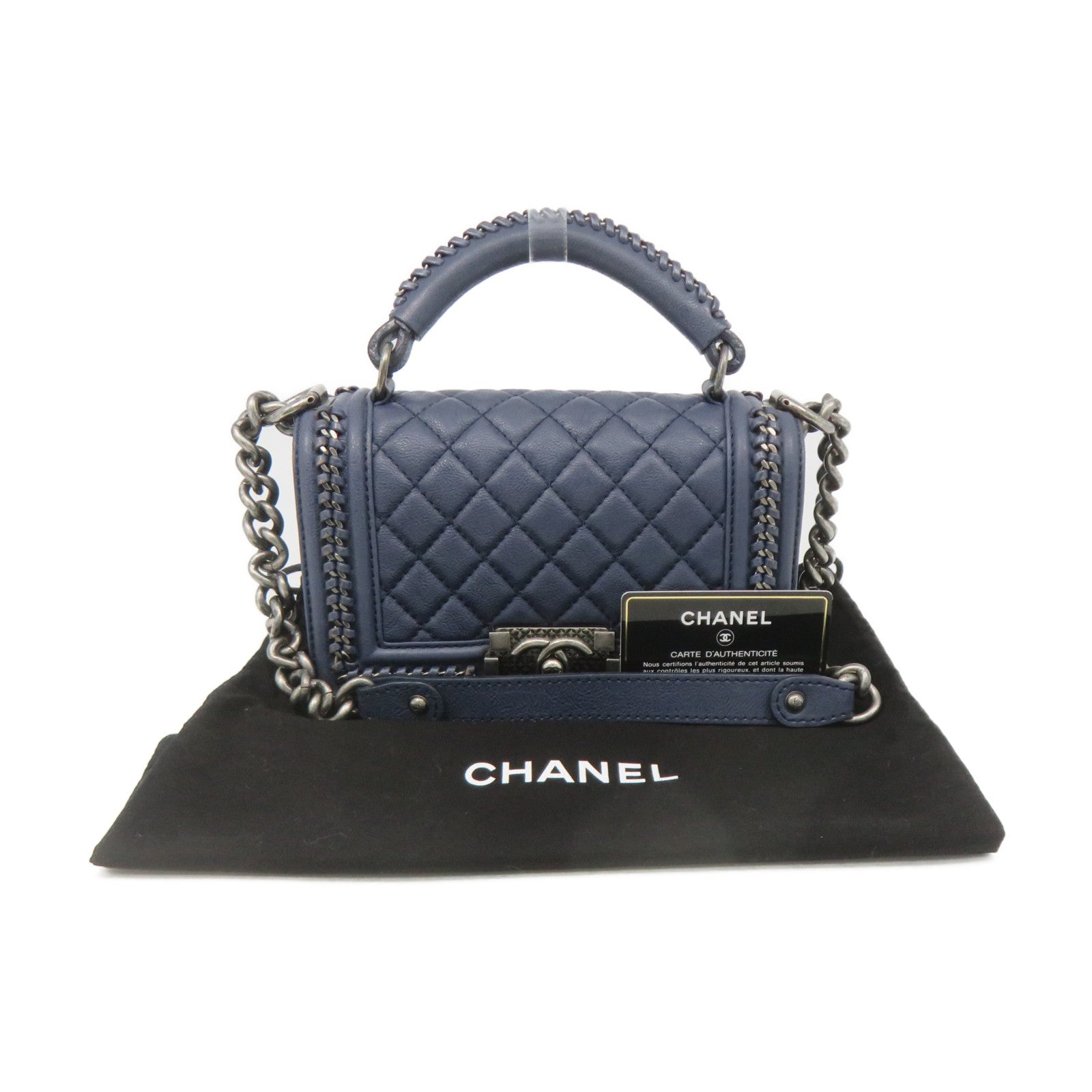 CHANEL Rhombus Leather Boy Chanel Chain Shoulder Bag Silver Buckle Chain Belt Handle Shoulder Bag Blue