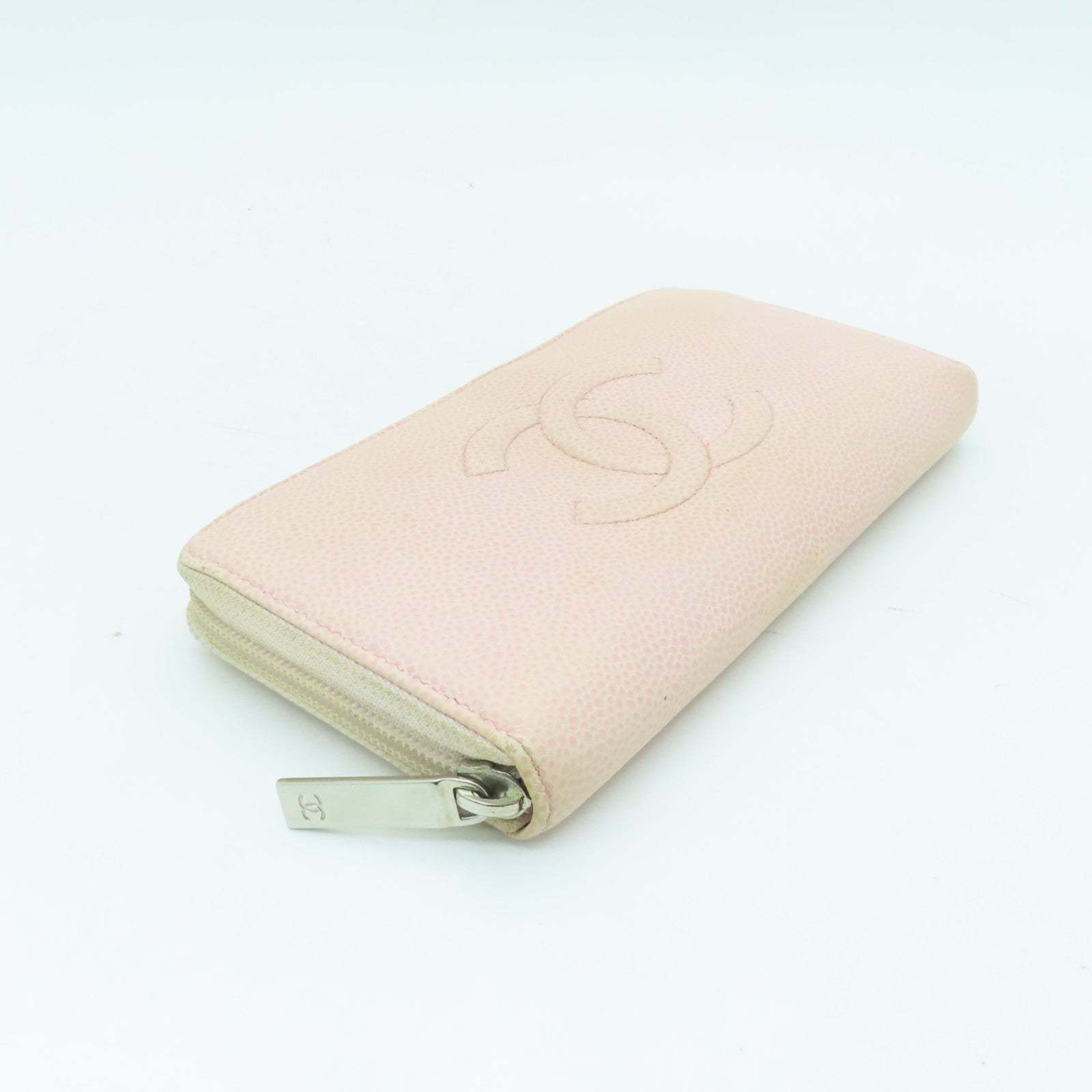 CHANEL Caviar Leather Zipper Long Wallet Silver Buckle Long Wallet Pink