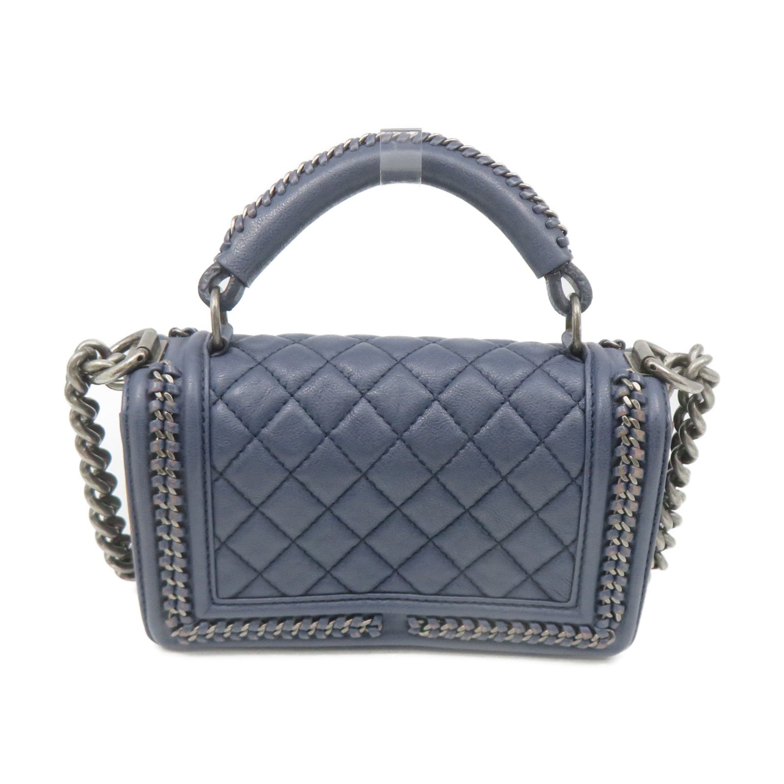 CHANEL Rhombus Leather Boy Chanel Chain Shoulder Bag Silver Buckle Chain Belt Handle Shoulder Bag Blue