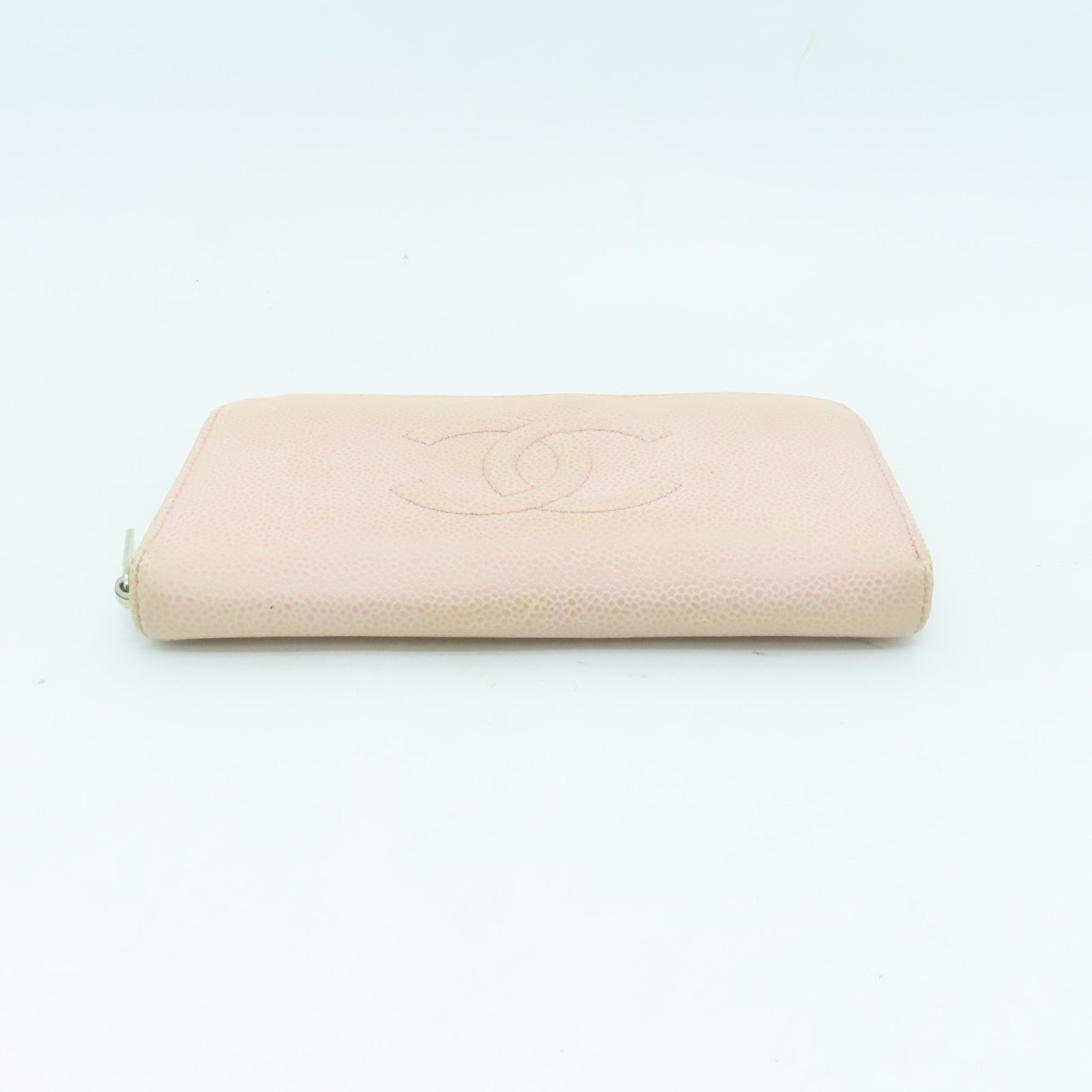 CHANEL Caviar Leather Zipper Long Wallet Silver Buckle Long Wallet Pink
