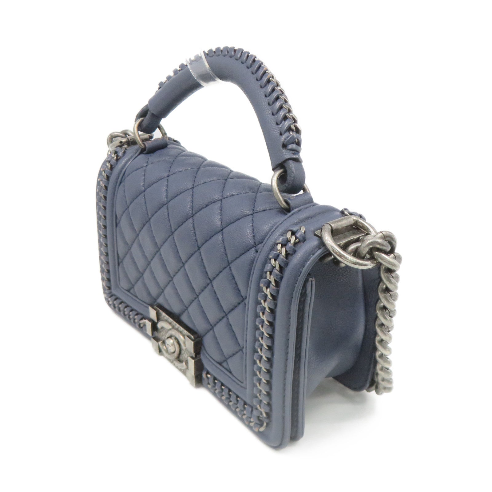 CHANEL Rhombus Leather Boy Chanel Chain Shoulder Bag Silver Buckle Chain Belt Handle Shoulder Bag Blue
