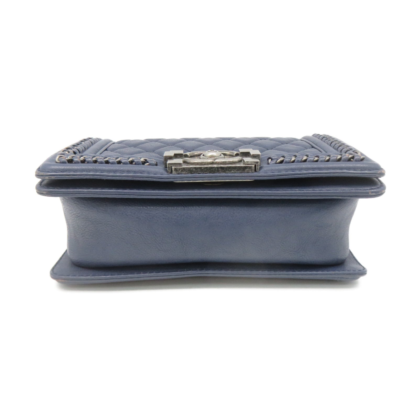 CHANEL Rhombus Leather Boy Chanel Chain Shoulder Bag Silver Buckle Chain Belt Handle Shoulder Bag Blue