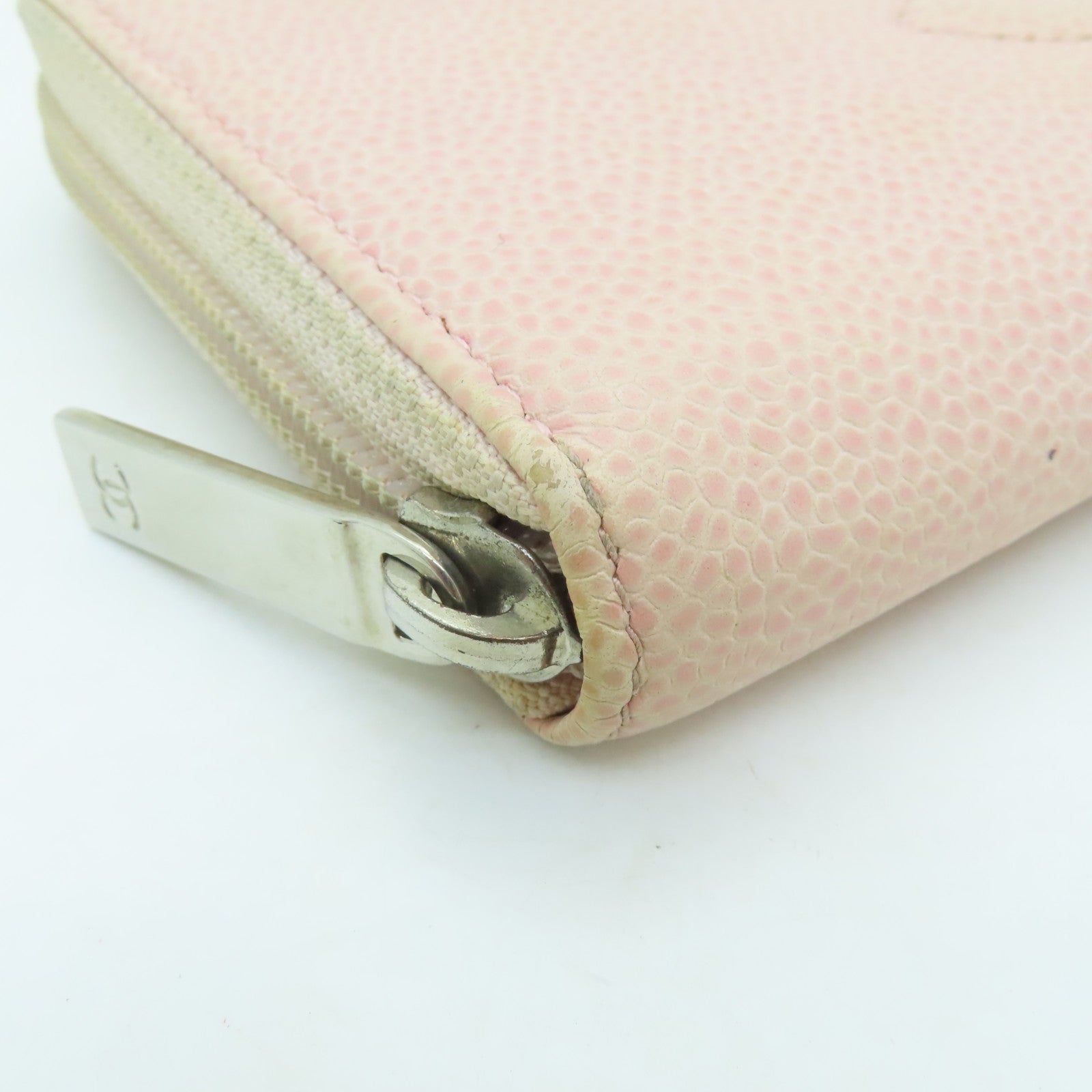 CHANEL Caviar Leather Zipper Long Wallet Silver Buckle Long Wallet Pink