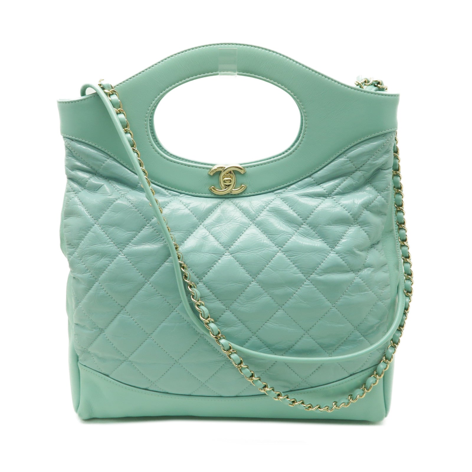 CHANEL 菱格Aged Calf皮革Shoulder Bag金扣手挽肩背兩用袋綠色