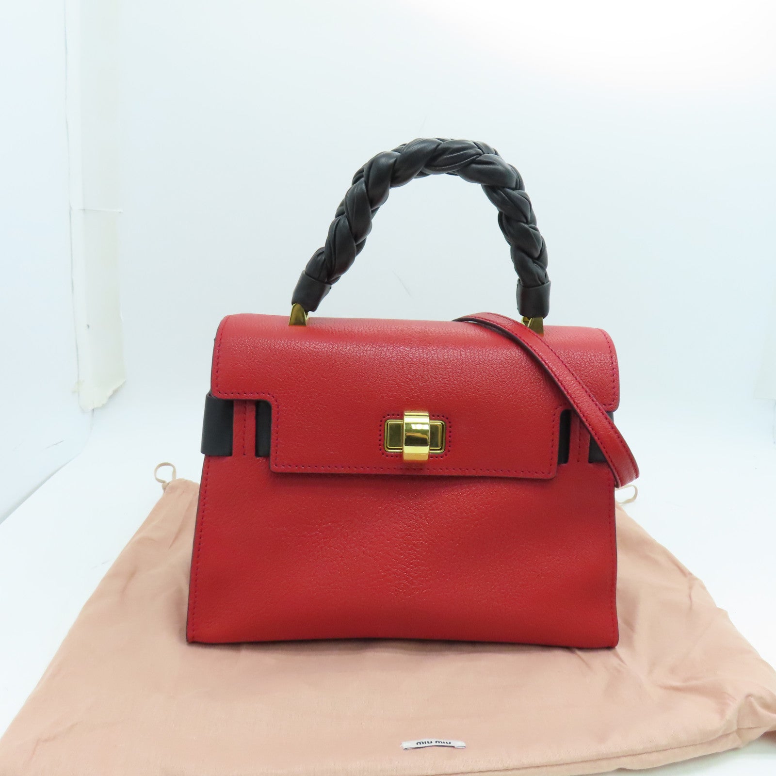 Miu Miu Cowhide Leather 2Way Shoulder Gold Buckle Handle Shoulder Bag Red/Black