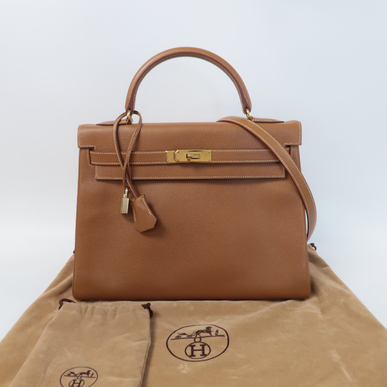 HERMES Epsom皮革Kelly 32金扣手挽肩背兩用袋啡色