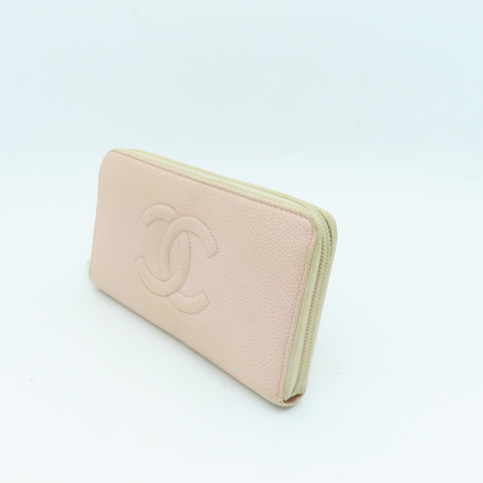 CHANEL Caviar Leather Zipper Long Wallet Silver Buckle Long Wallet Pink