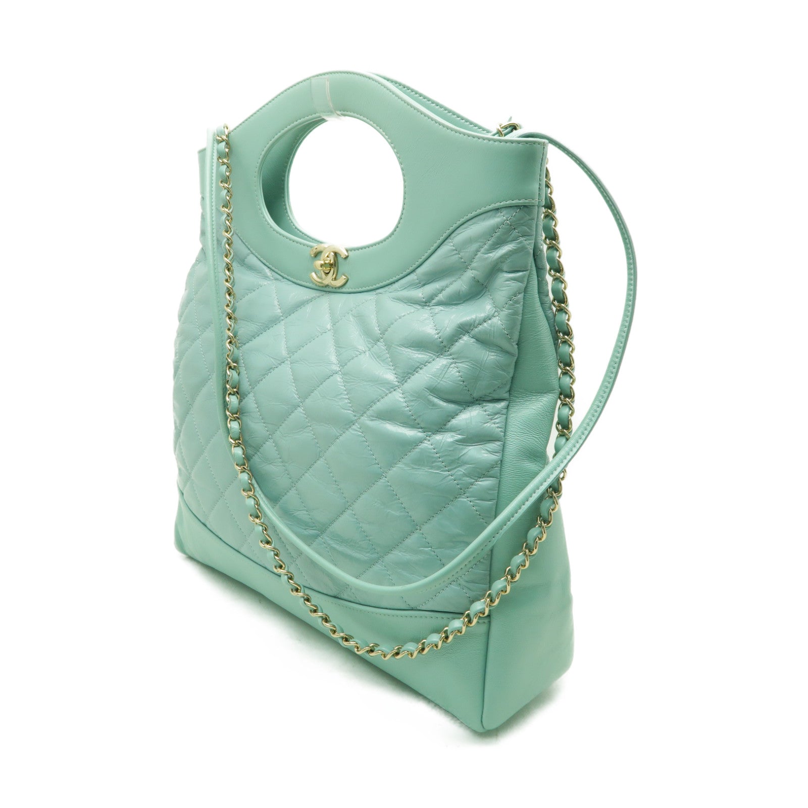CHANEL 菱格Aged Calf皮革Shoulder Bag金扣手挽肩背兩用袋綠色