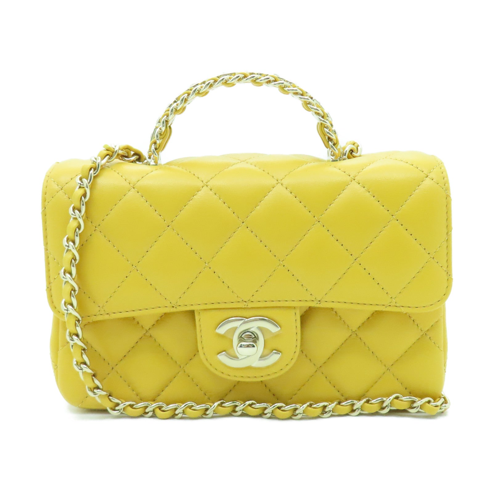 CHANEL 菱格羊皮皮革Chain Shoulder金扣鏈帶肩背袋黃色