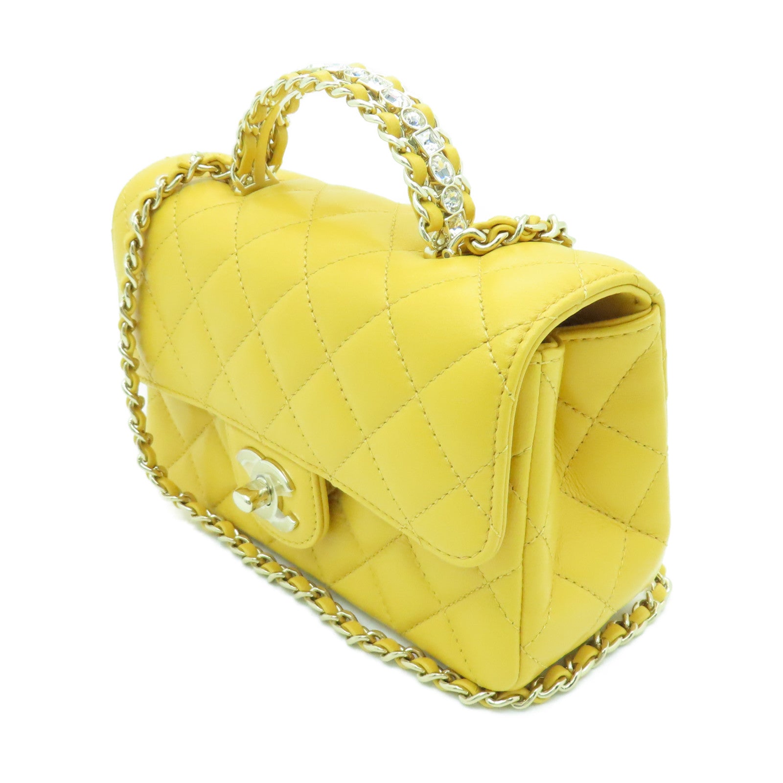 CHANEL 菱格羊皮皮革Chain Shoulder金扣鏈帶肩背袋黃色