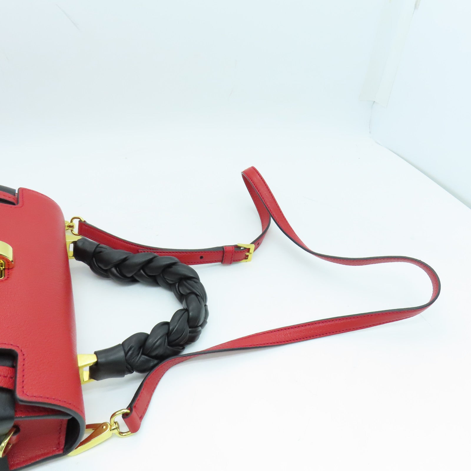 Miu Miu Cowhide Leather 2Way Shoulder Gold Buckle Handle Shoulder Bag Red/Black