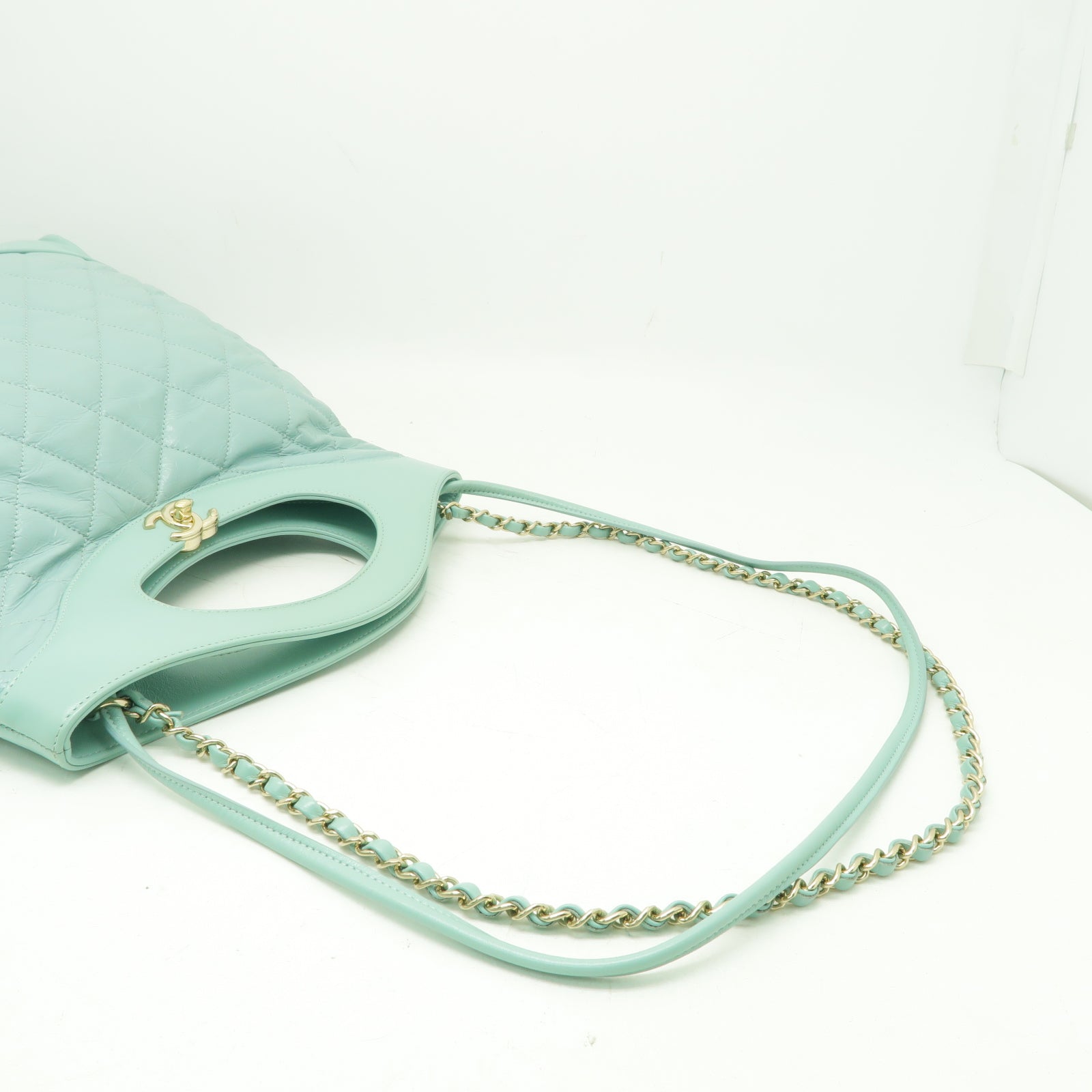 CHANEL 菱格Aged Calf皮革Shoulder Bag金扣手挽肩背兩用袋綠色