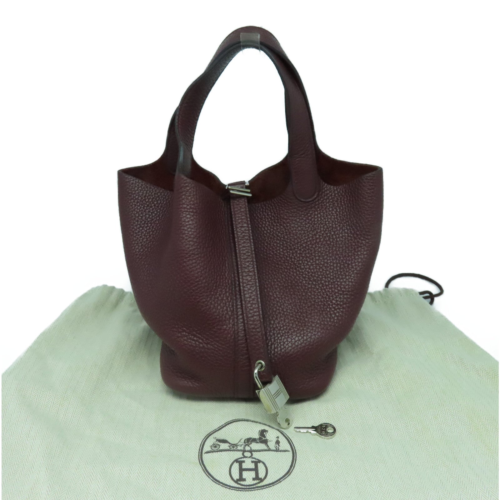 HERMES Clemence Leather Picotin PM Silver Button Handle Bag Rouge H Brown