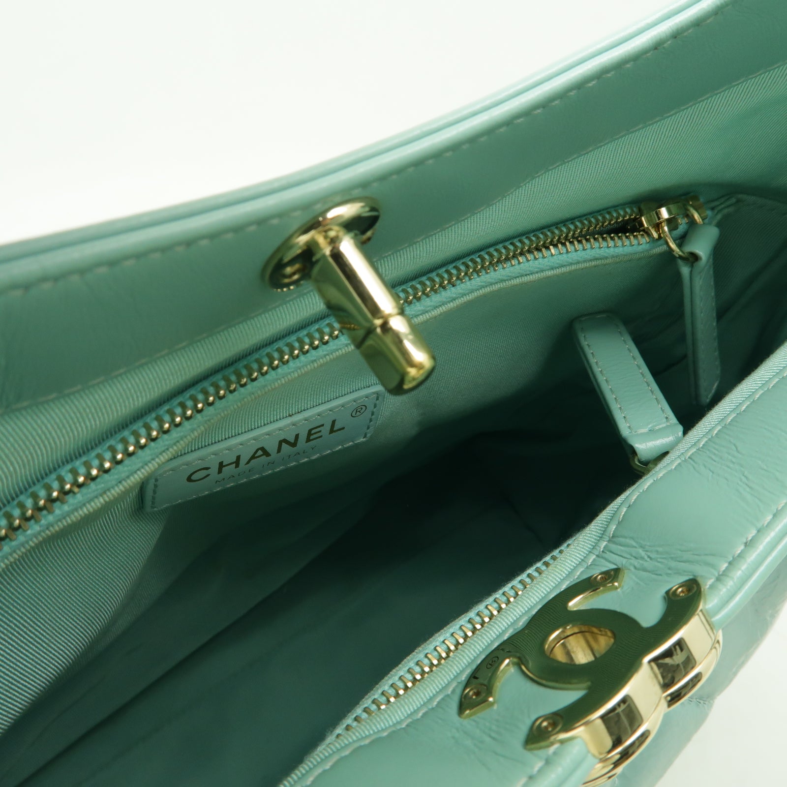 CHANEL 菱格Aged Calf皮革Shoulder Bag金扣手挽肩背兩用袋綠色