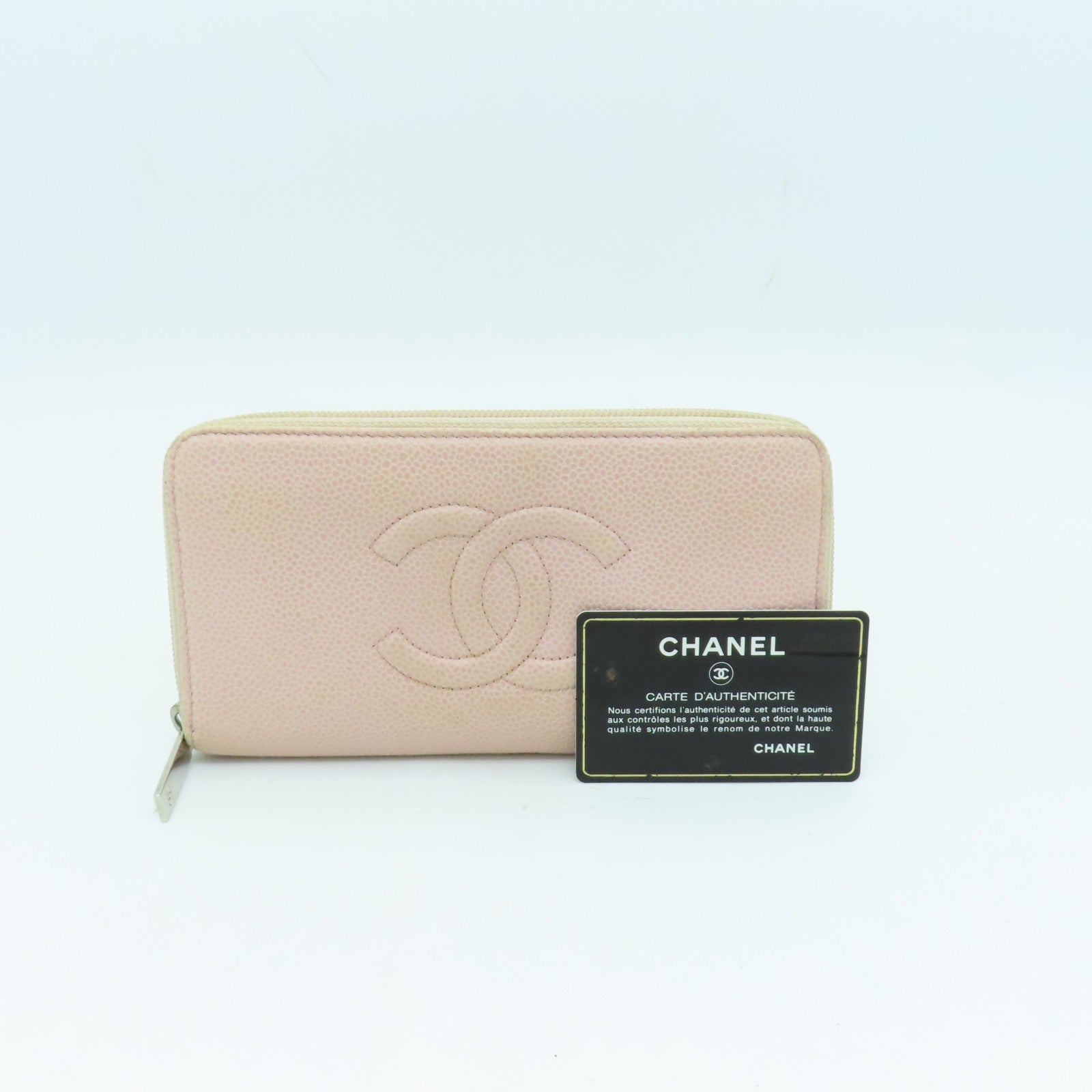 CHANEL Caviar Leather Zipper Long Wallet Silver Buckle Long Wallet Pink