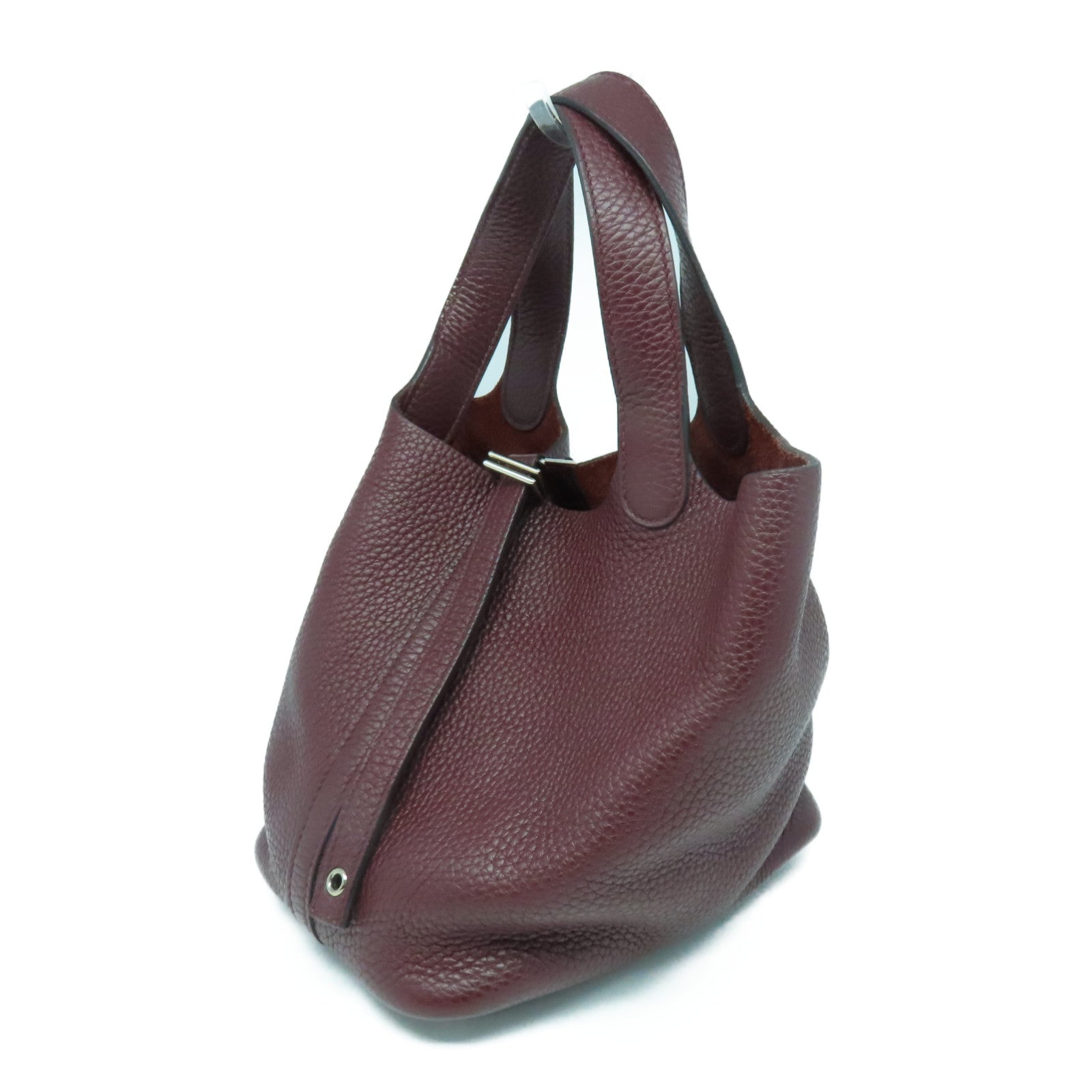 HERMES Clemence Leather Picotin PM Silver Button Handle Bag Rouge H Brown