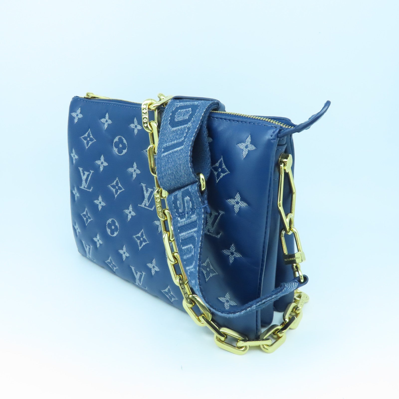 LOUIS VUITTON Monogram Denim Coussin PM gold buckle shoulder shoulder bag blue