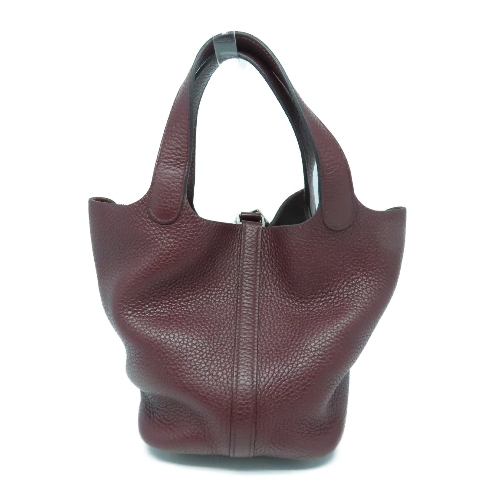 HERMES Clemence Leather Picotin PM Silver Button Handle Bag Rouge H Brown
