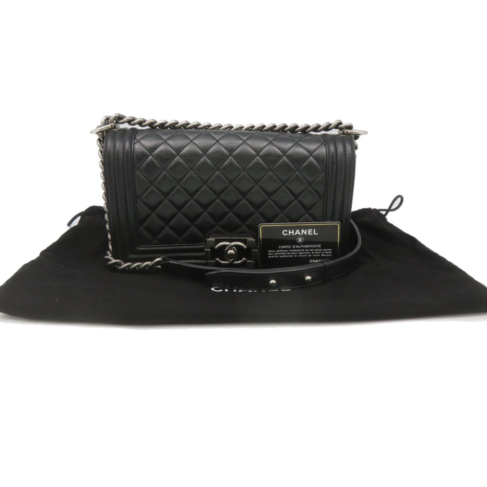 CHANEL rhombic cowhide leather Boy Chanel Chain Shoulder Bag silver buckle chain shoulder bag black