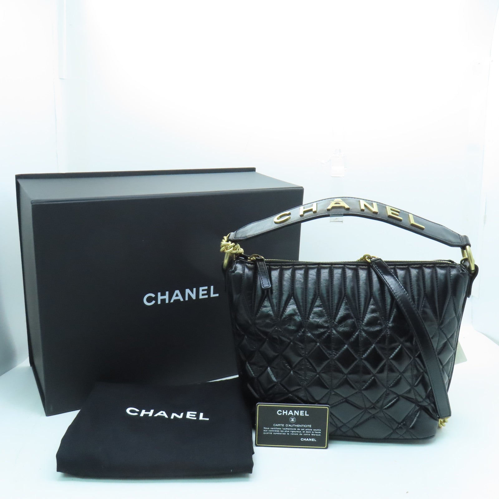 CHANEL cowhide leather Hobo Bag gold buckle handle shoulder bag black