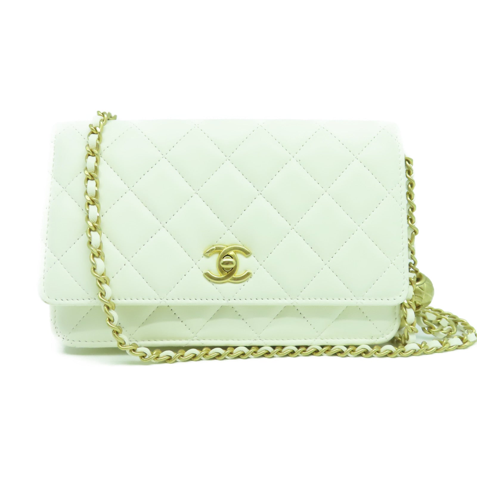 CHANEL 菱格牛皮皮革Wallet On Chain金扣鏈帶肩背袋白色