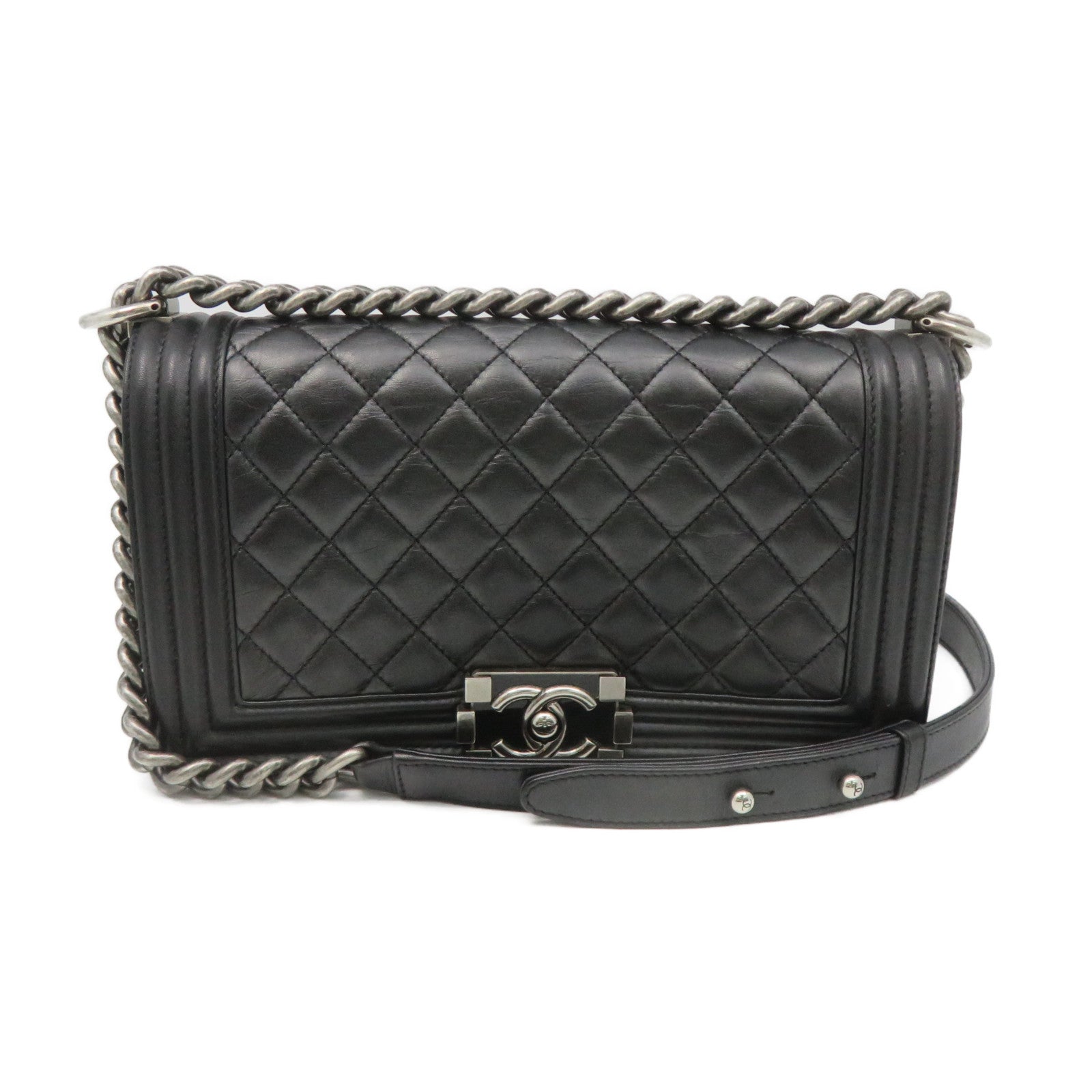 CHANEL rhombic cowhide leather Boy Chanel Chain Shoulder Bag silver buckle chain shoulder bag black