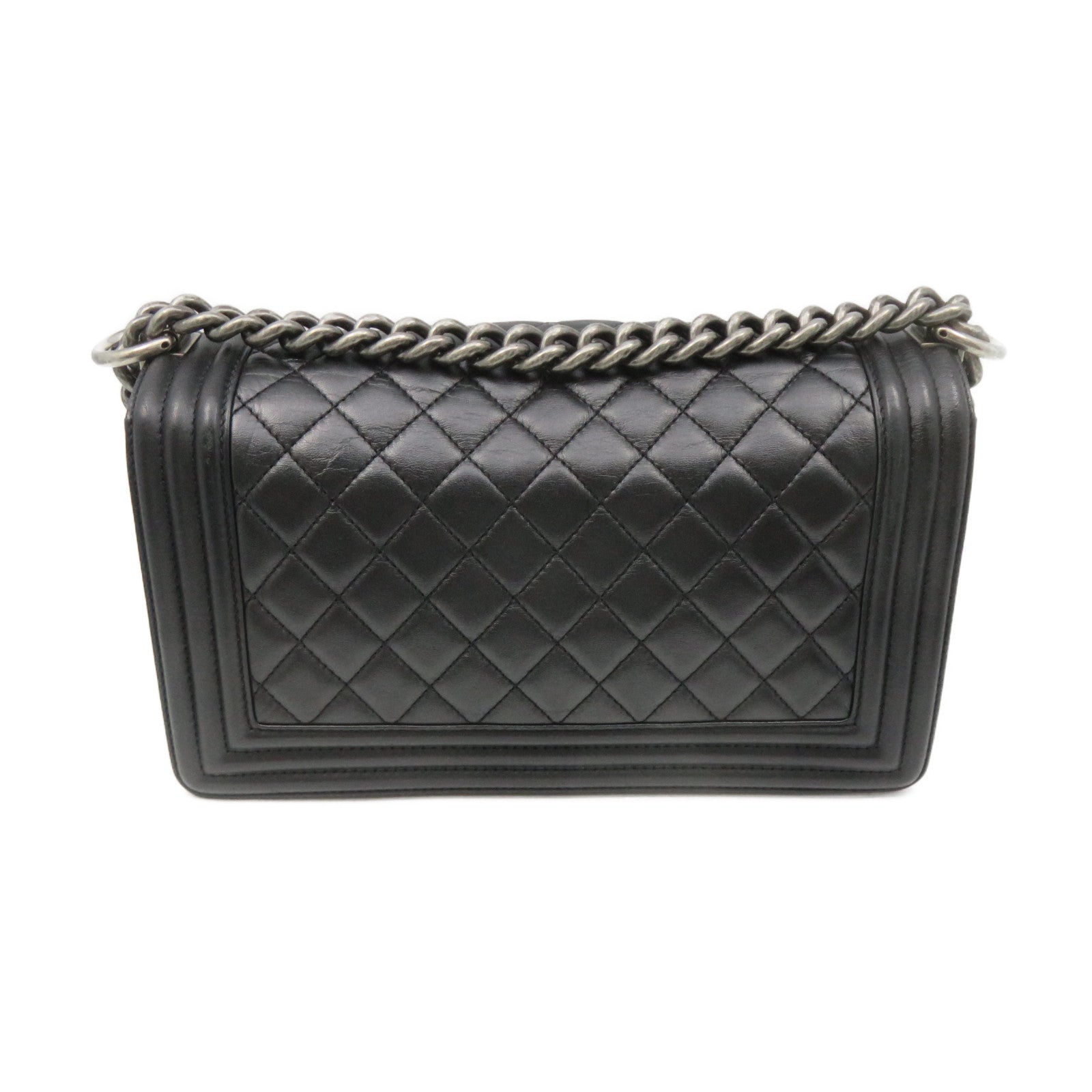 CHANEL rhombic cowhide leather Boy Chanel Chain Shoulder Bag silver buckle chain shoulder bag black