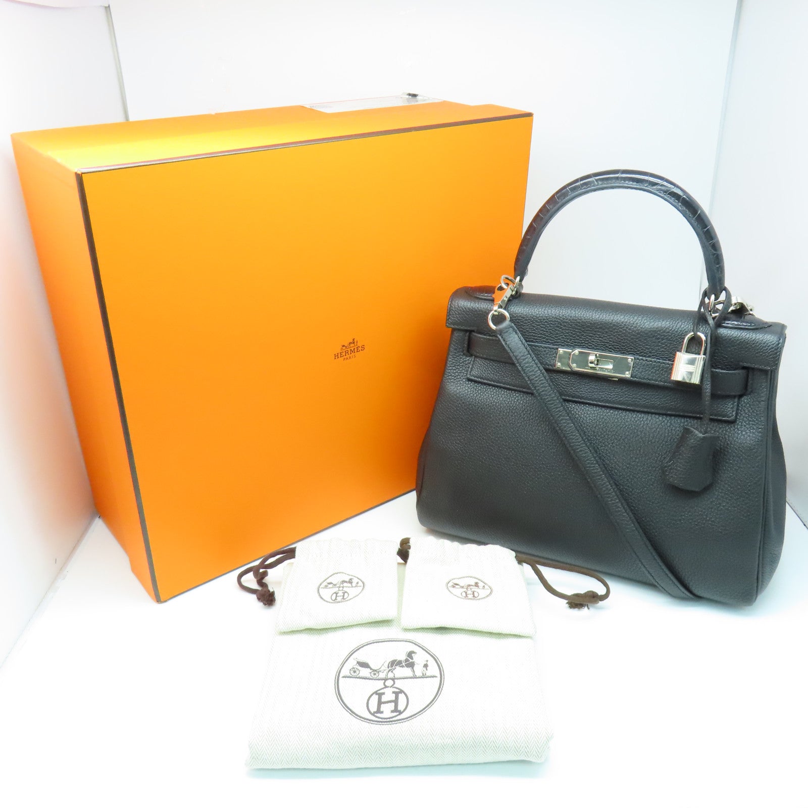 HERMES 【激減優惠】Togo/鱷魚皮革Kelly 28 Touch銀扣手挽肩背兩用袋黑色
