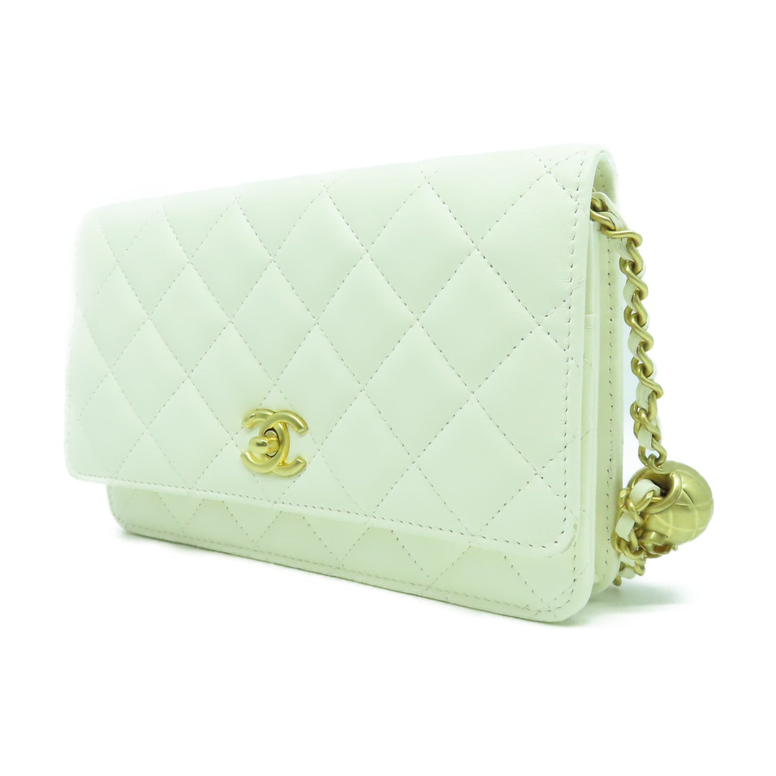 CHANEL 菱格牛皮皮革Wallet On Chain金扣鏈帶肩背袋白色