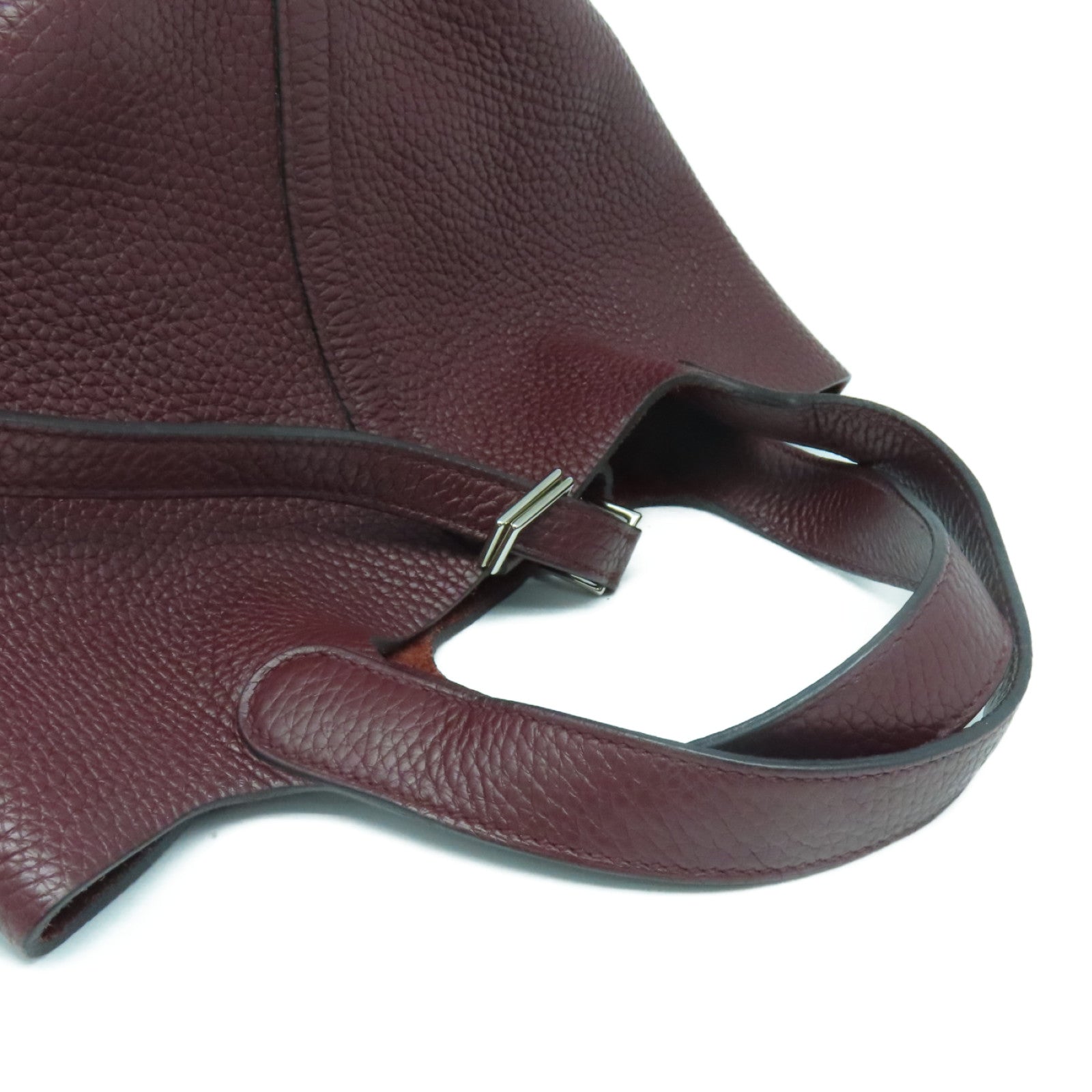 HERMES Clemence Leather Picotin PM Silver Button Handle Bag Rouge H Brown