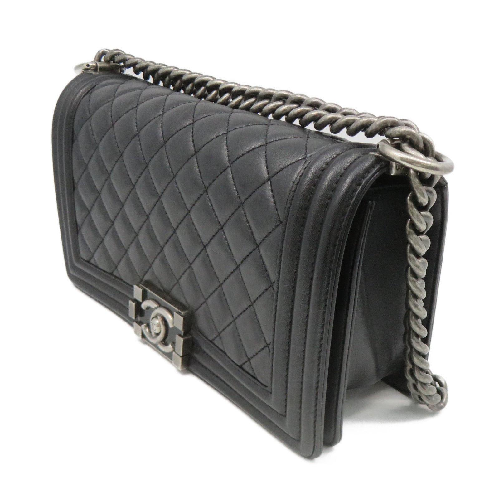 CHANEL rhombic cowhide leather Boy Chanel Chain Shoulder Bag silver buckle chain shoulder bag black