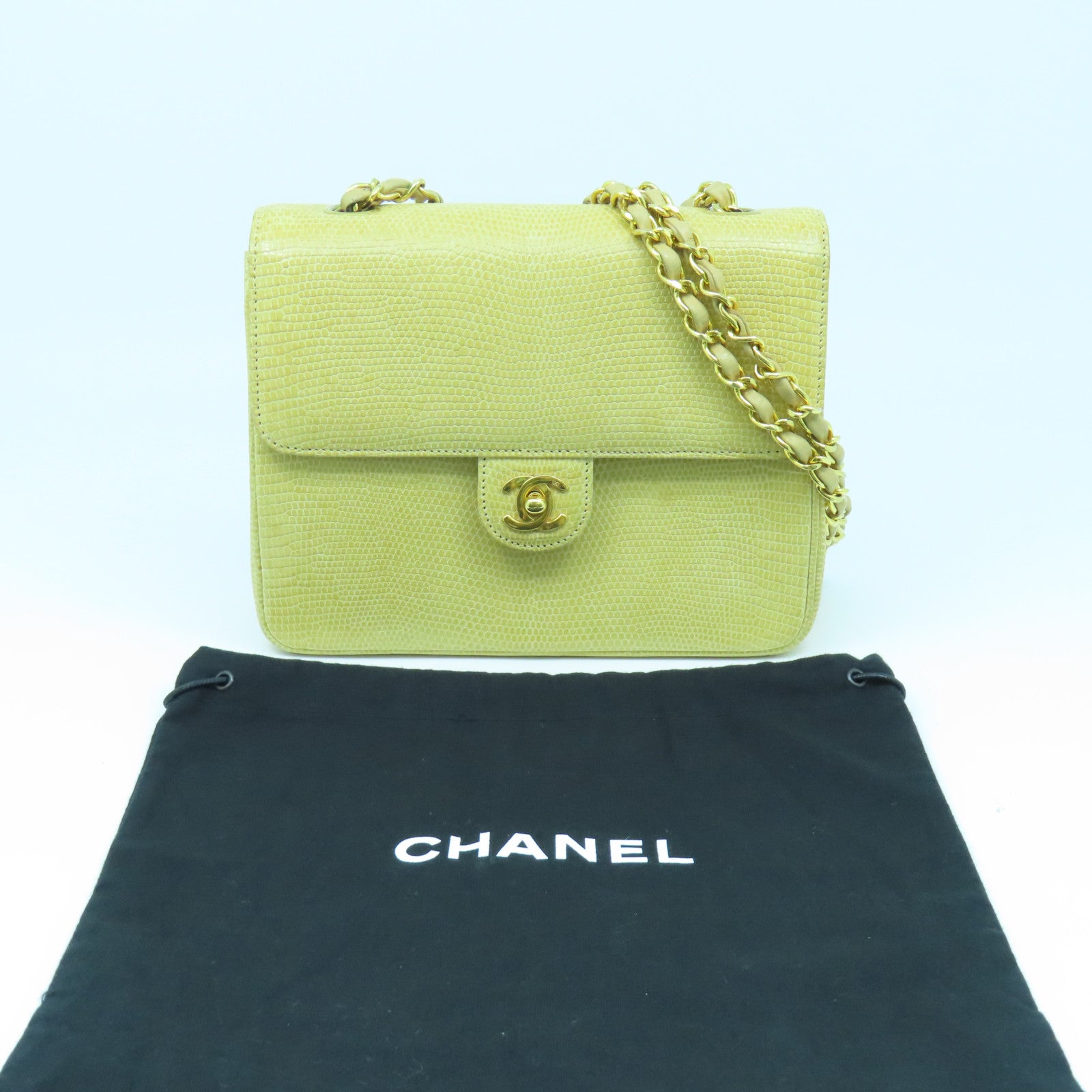 CHANEL 蜥蝪皮革Vintage Chain Shoulder Bag金扣肩背袋黃色
