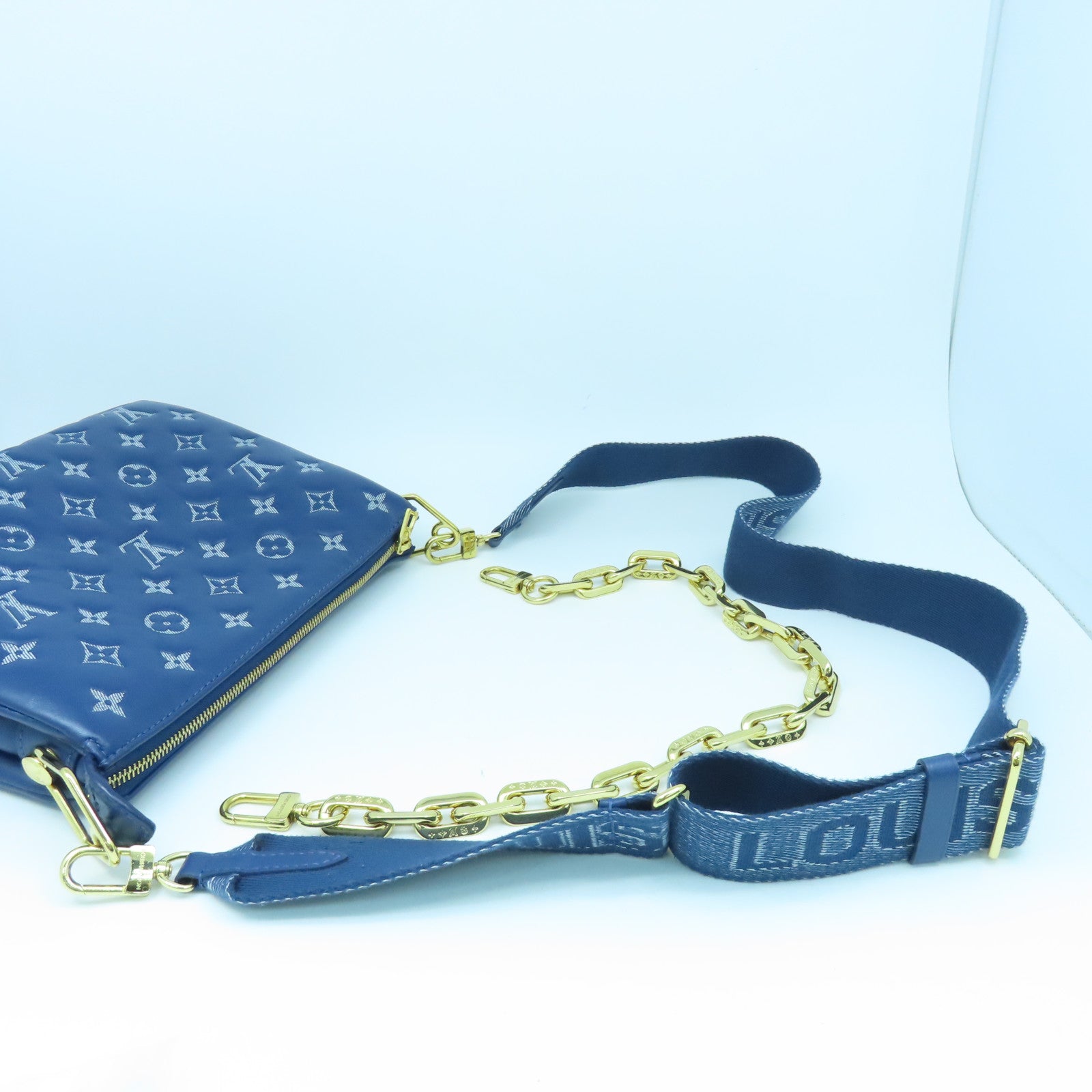 LOUIS VUITTON Monogram Denim Coussin PM gold buckle shoulder shoulder bag blue