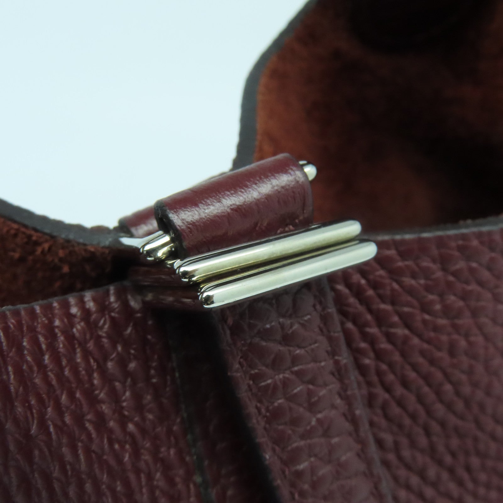 HERMES Clemence Leather Picotin PM Silver Button Handle Bag Rouge H Brown